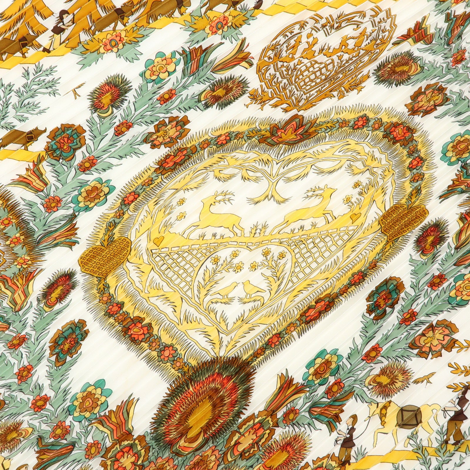 HERMES Pleated Carre 90 Silk 100% Scarf DECOUPAGES Yellow Brown