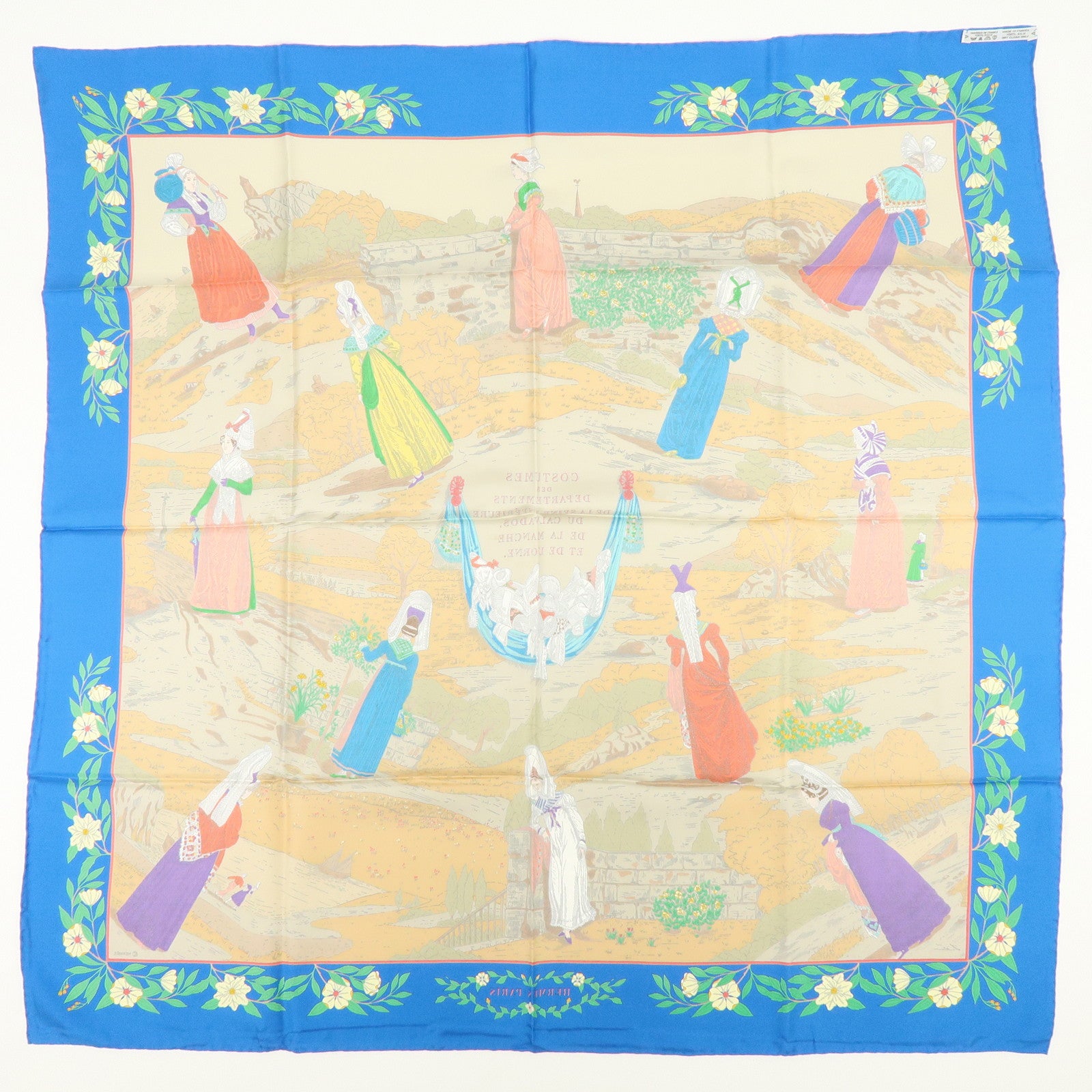 HERMES Carre 90 Silk 100% Scarf COSTUMES DES DEPARTEMENTS Blue