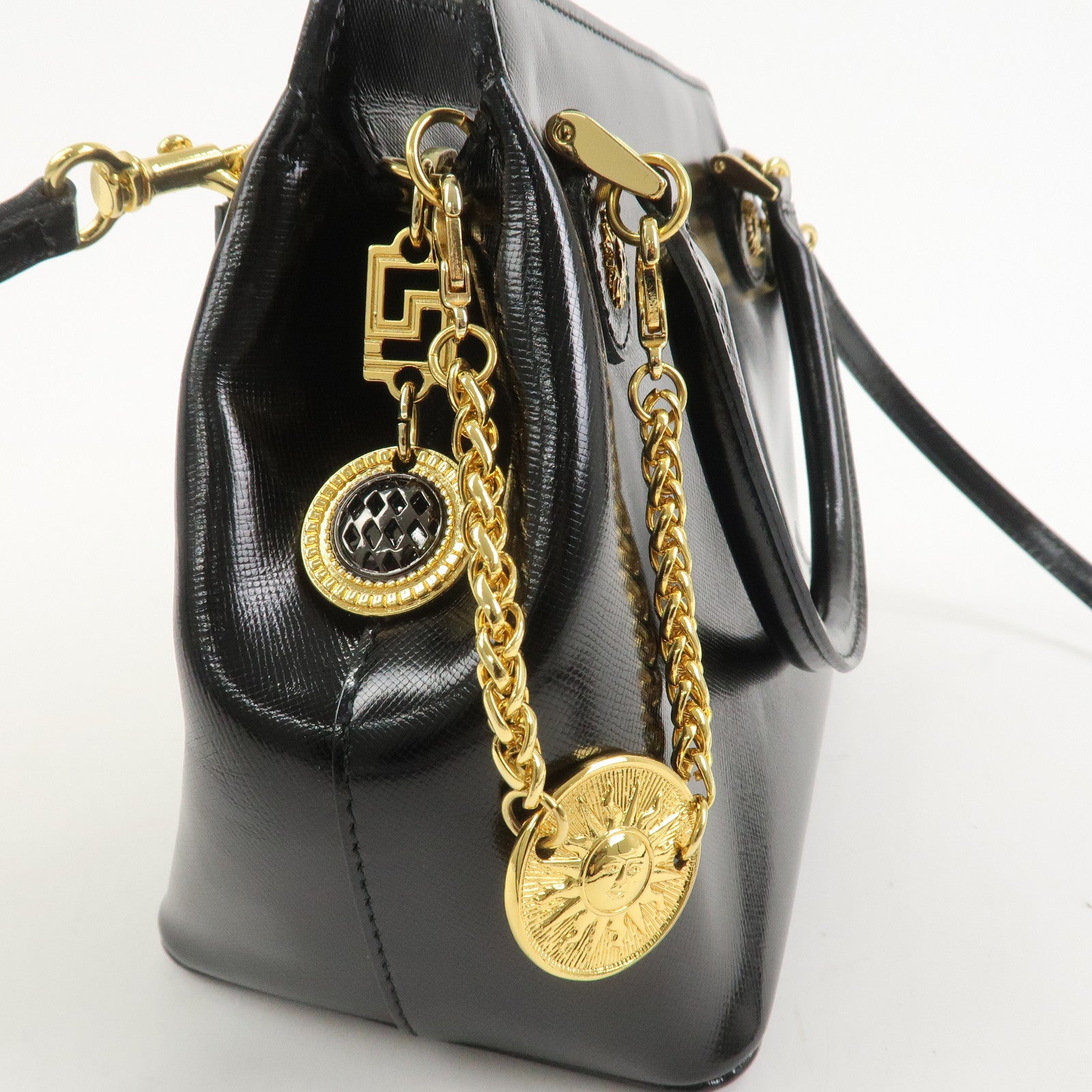VERSACE Leather 2Way Hand Bag Shoulder Bag Black Gold