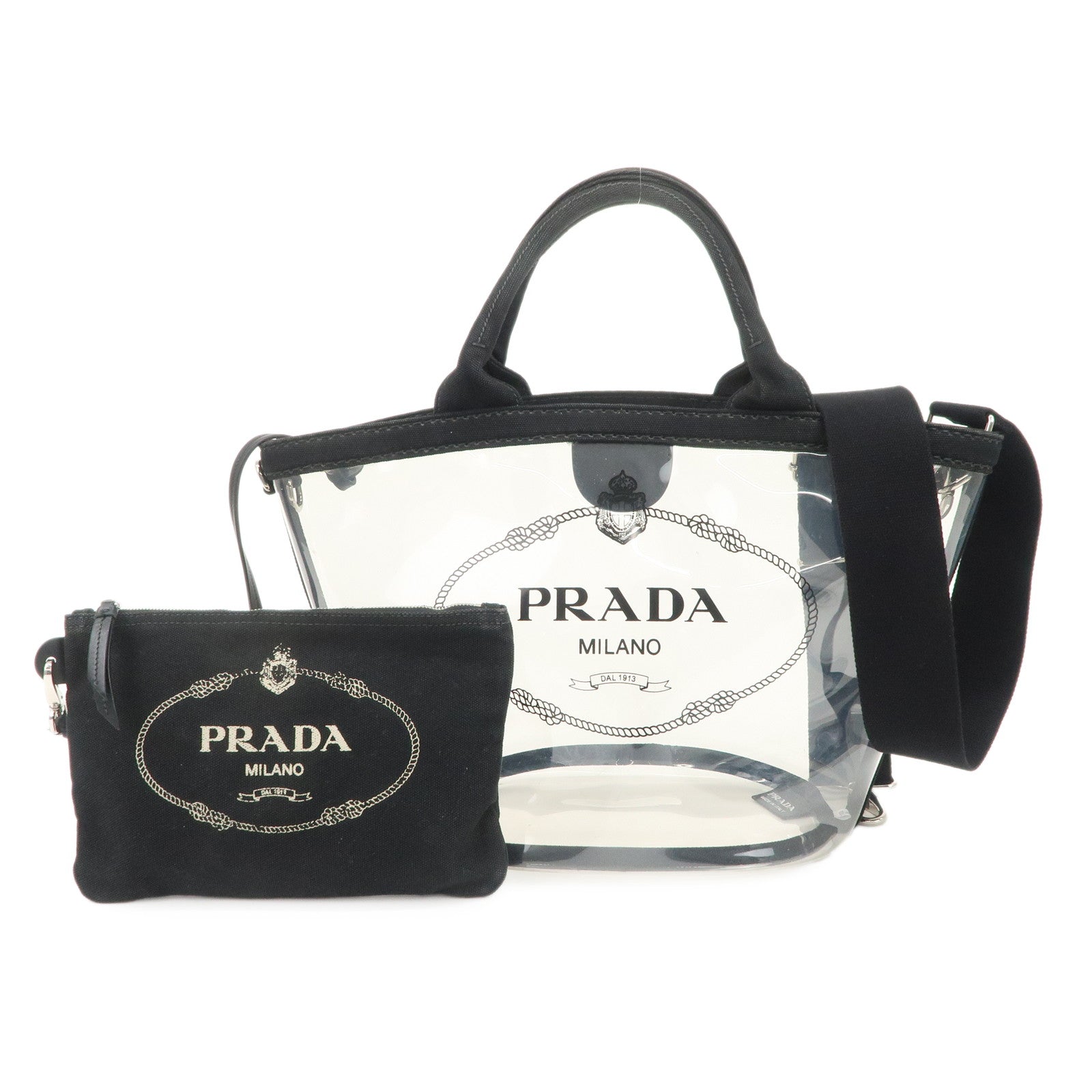 PRADA Canvas Vinyl Leather 2Way Hand Bag Clear Black 1BG187