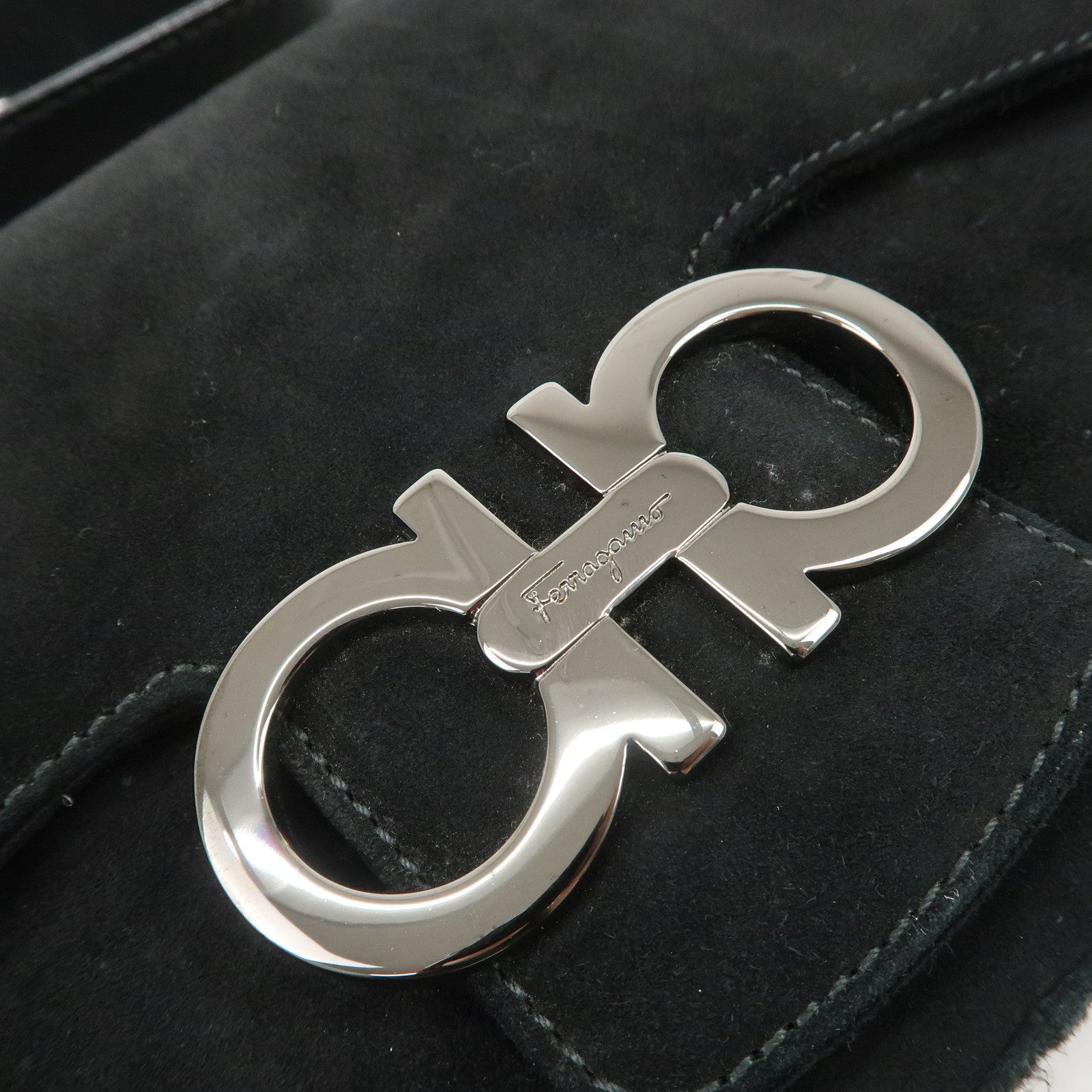 Ferragamo Gancini Suede Leather Shoulder Bag Hand Bag Black