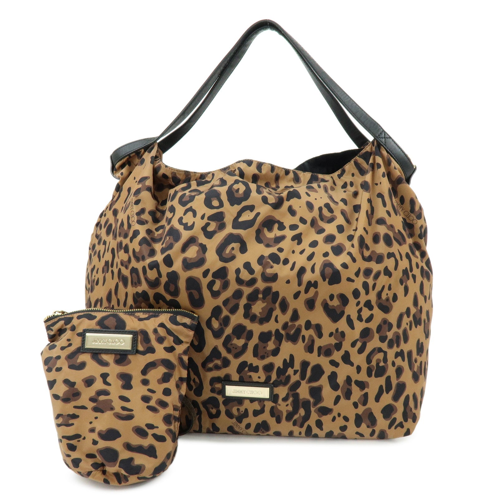 JIMMY CHOO Nylon Leather Shoulder Bag Hand Bag Animal Print Brown
