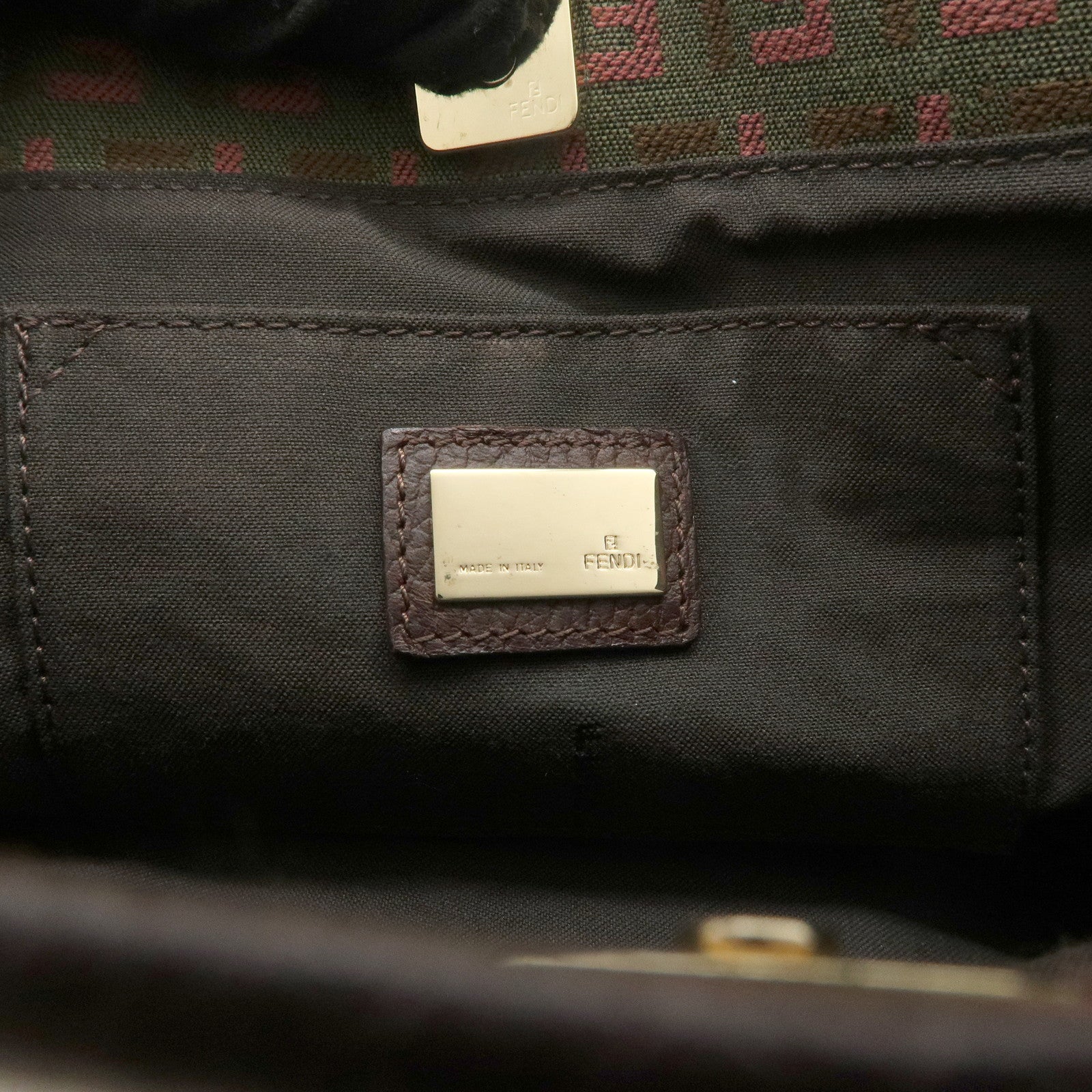 FENDI Zucchino Leather Canvas Hand Bag Khaki Bordeaux