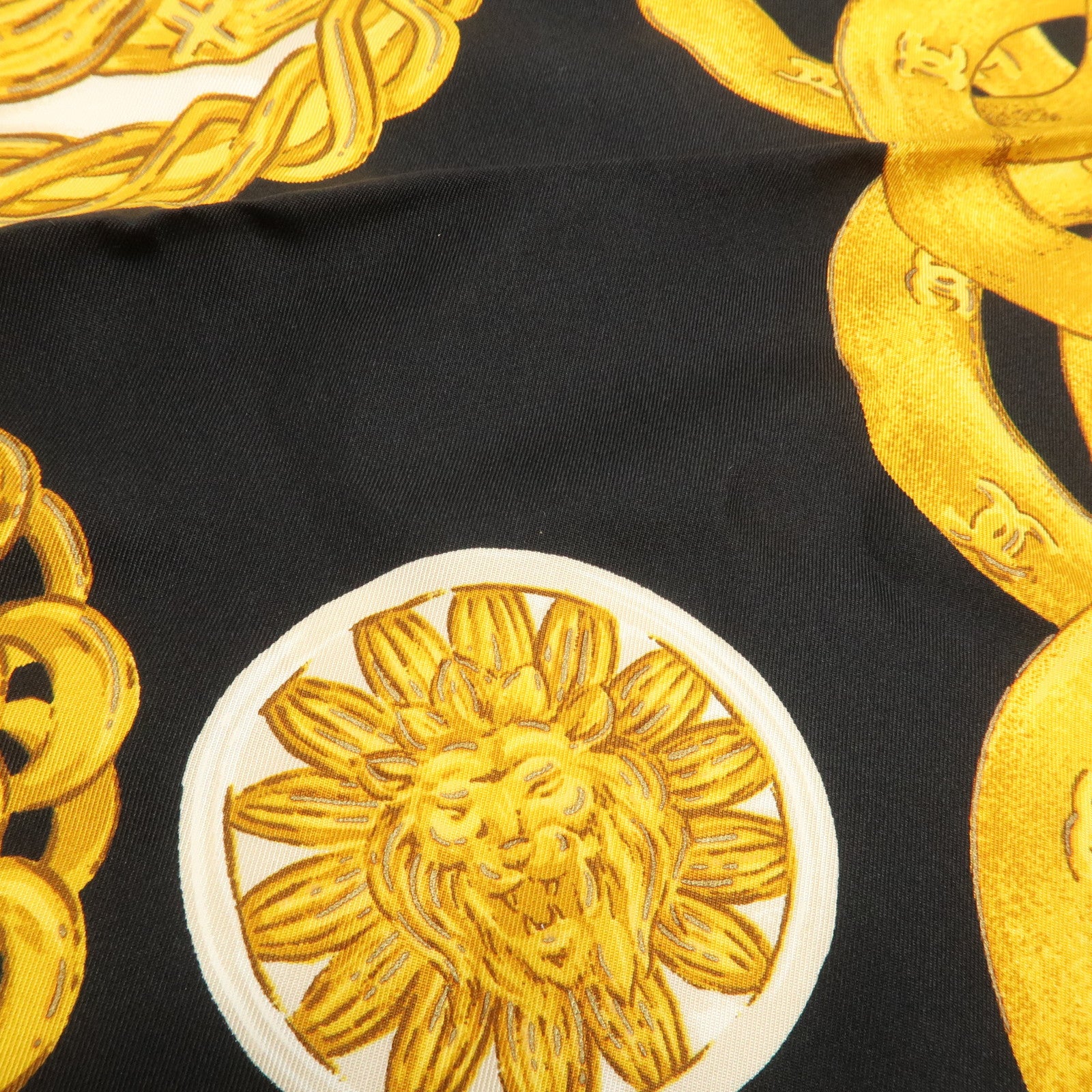 CHANEL COCO Mark Silk 100% Scarf Chain Pattern Black Gold Used