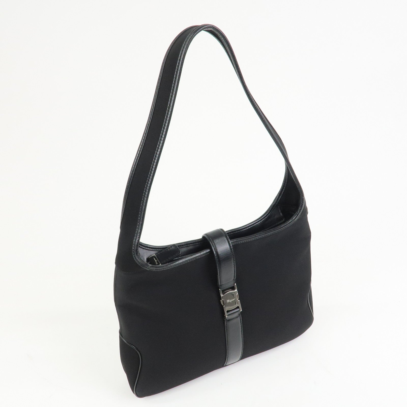 Ferragamo Logo Nylon Canvas Leather Shoulder Bag Hand Bag Black