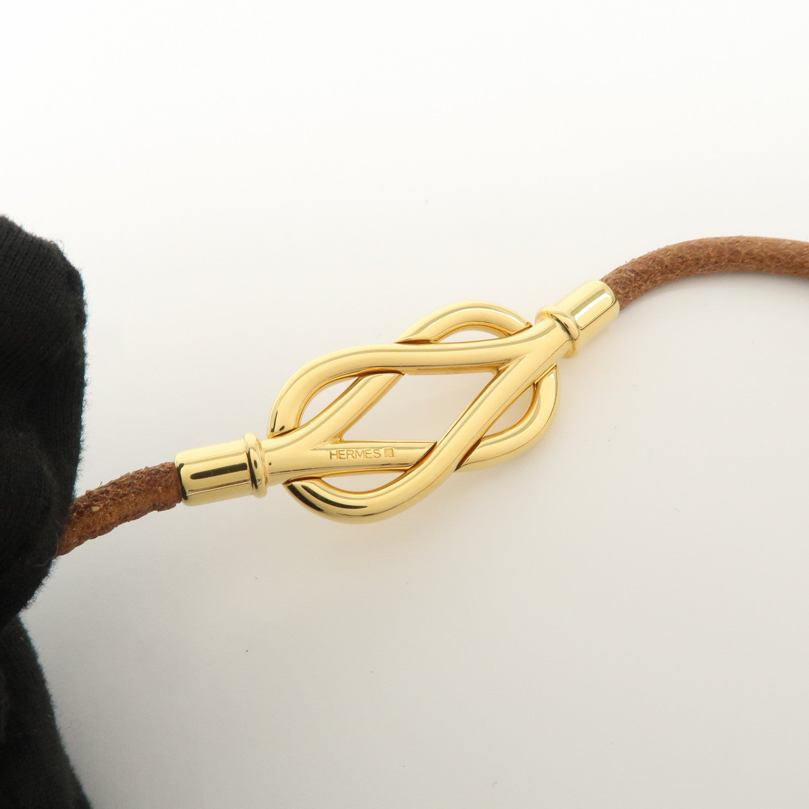 HERMES Leather Double Tour Atame Metal Bracelet Choker Brown