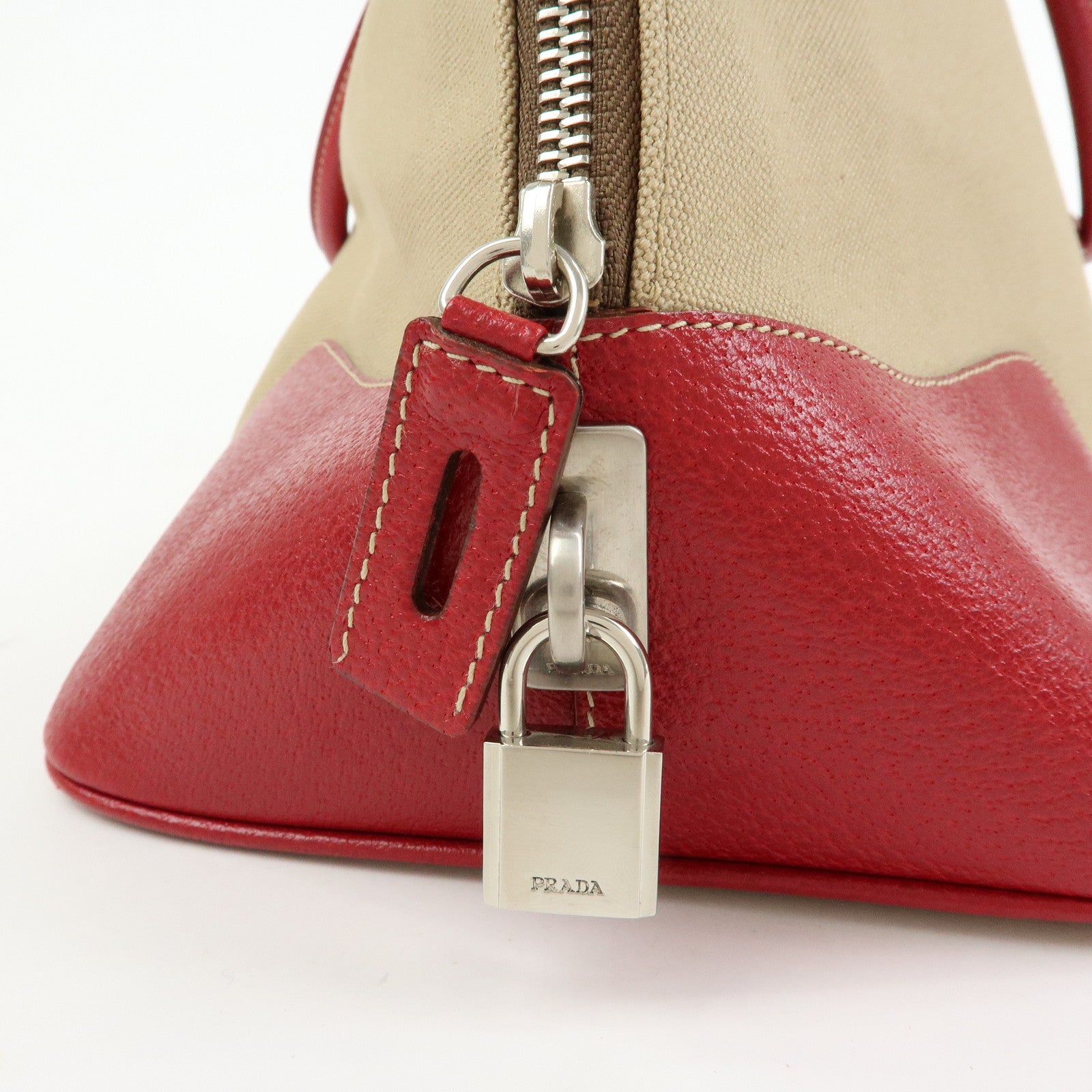 PRADA Triangle Logo Canvas Leather Hand Bag Beige Red
