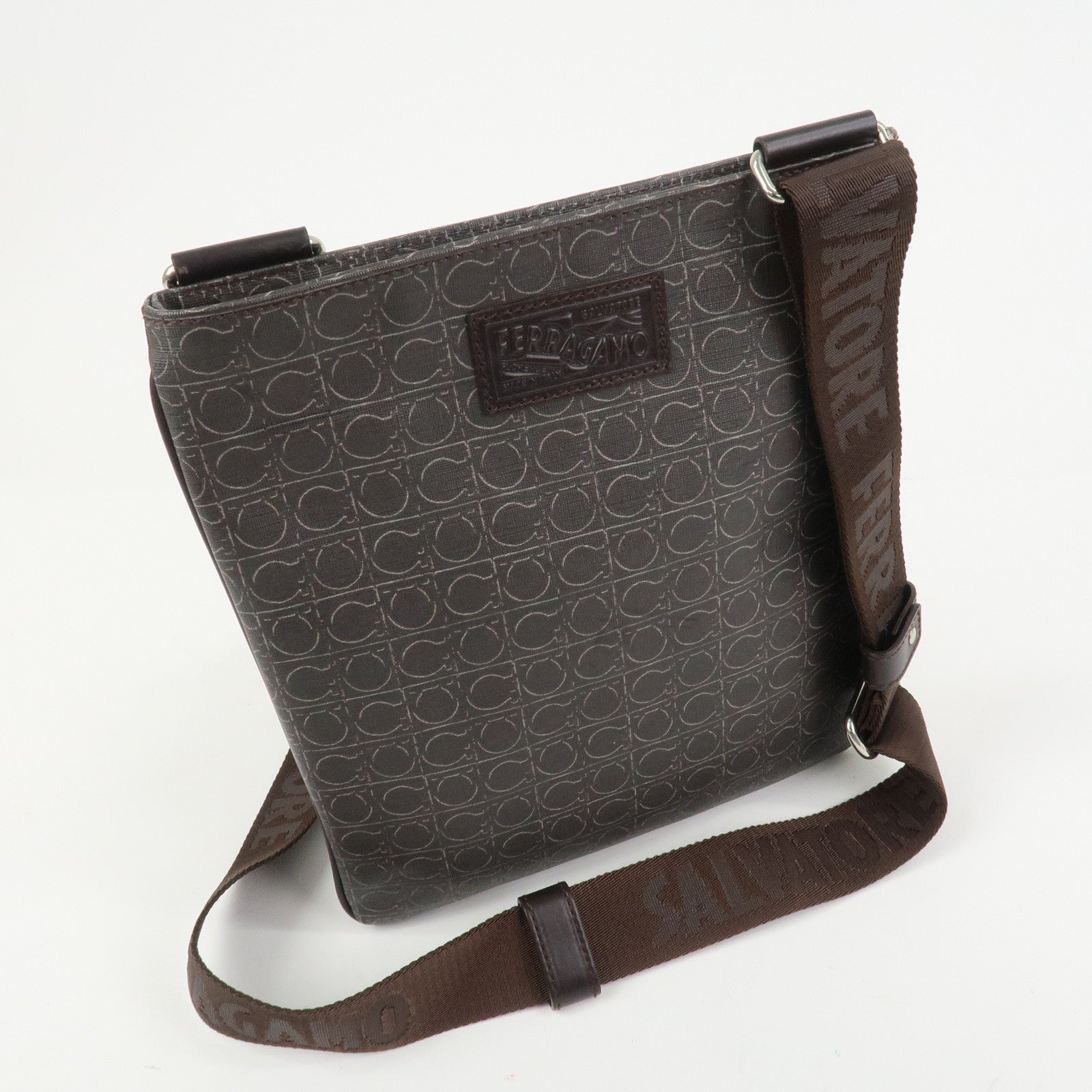 Ferragamo Gancini PVC Leather Shoulder Bag Crossbody Bag Brown