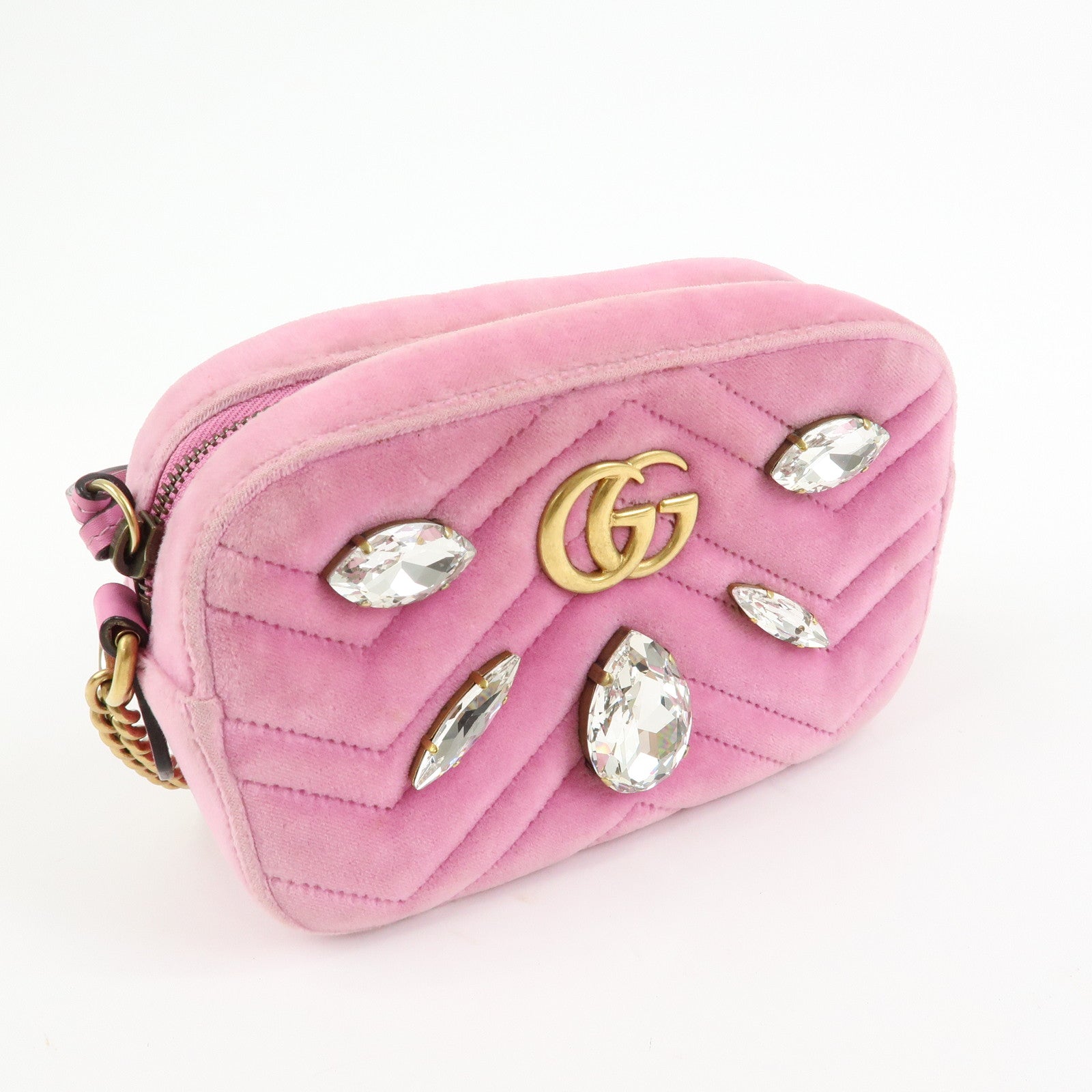 GUCCI GG Marmont Velvet Leather Rhinestone Shoulder Bag Pink 448065