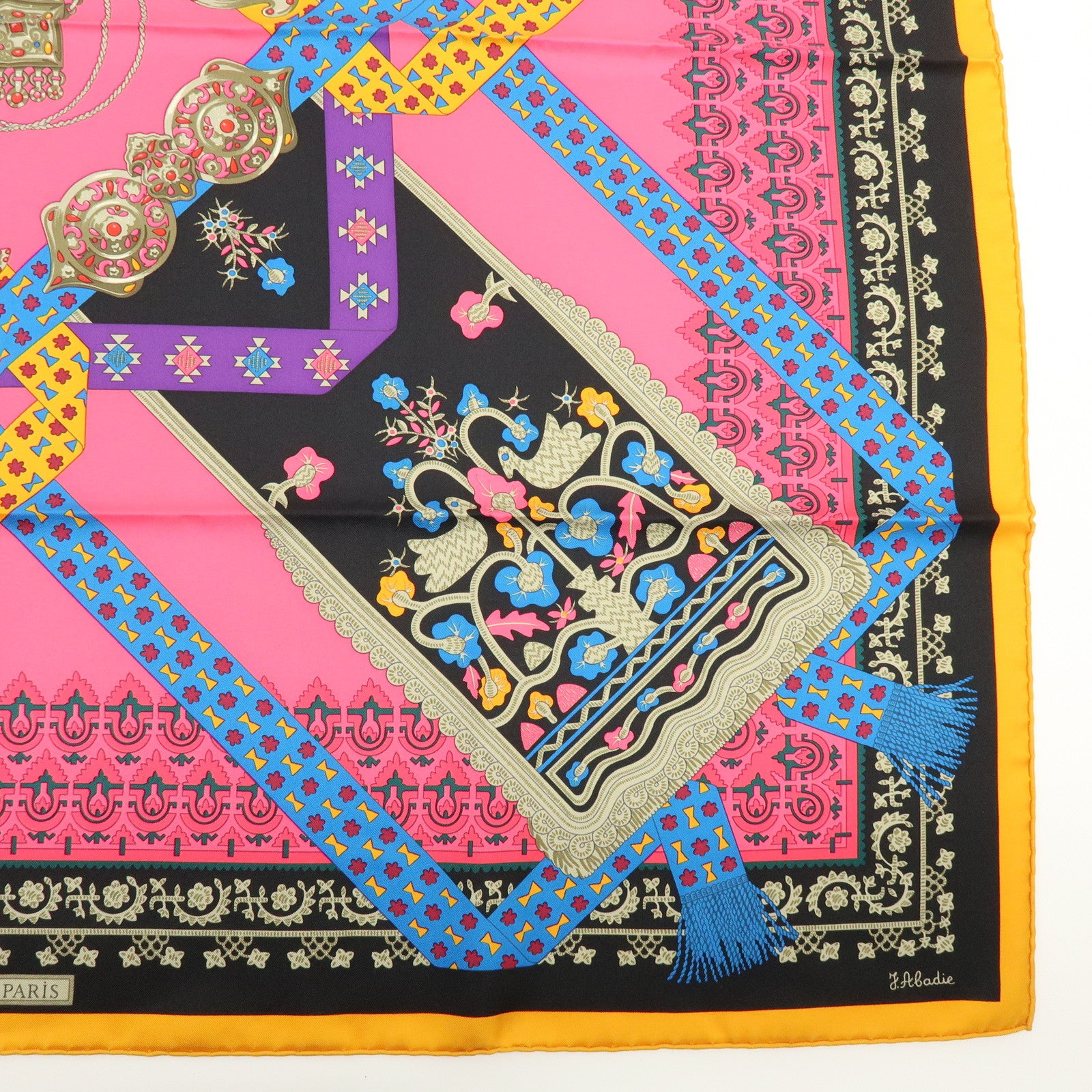 HERMES Carre 90 Silk 100% Scarf Brins d'or Pink Black Multi Color
