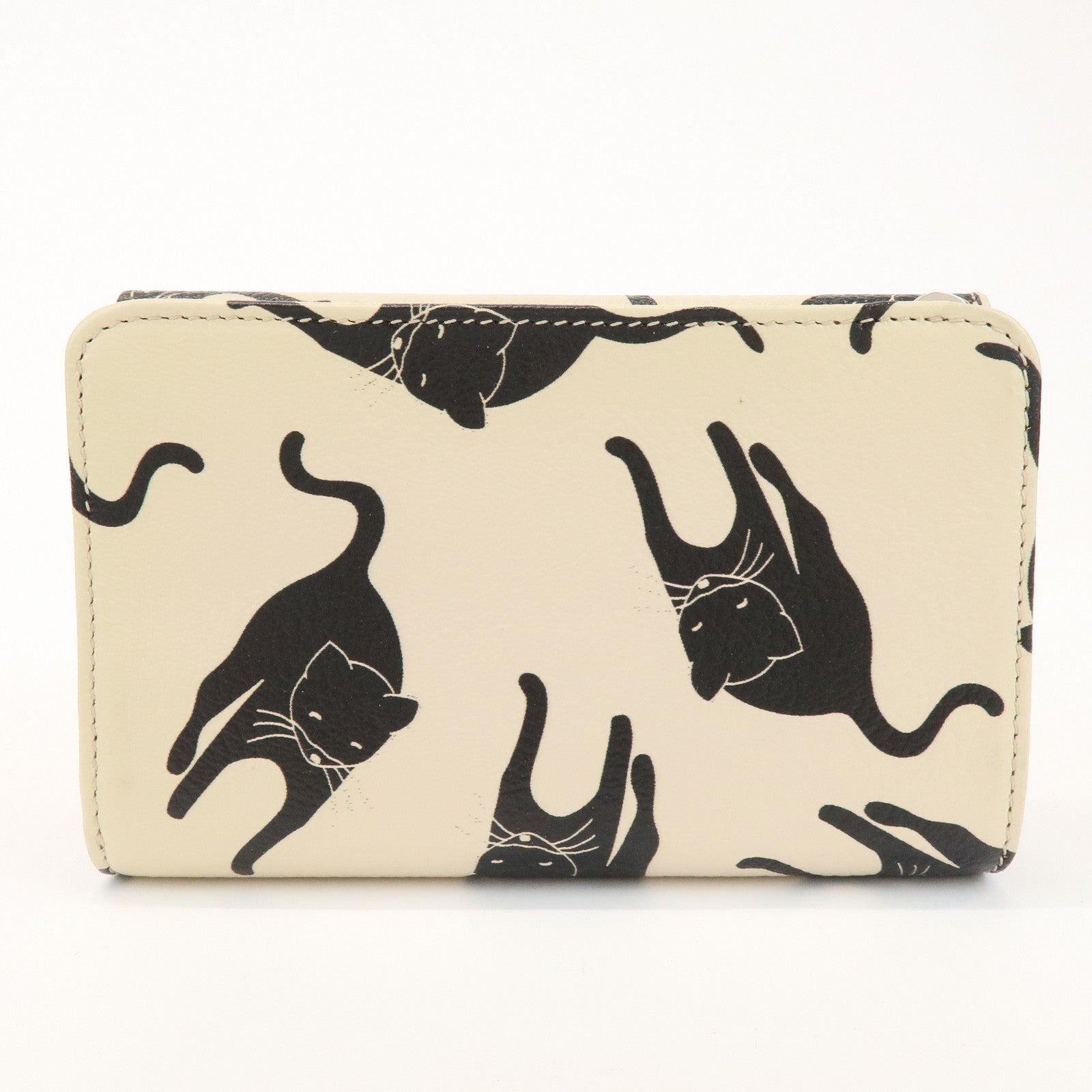 MIU MIU Leather Bi-fold Compact Wallet Black Cat Ivory 5ML225