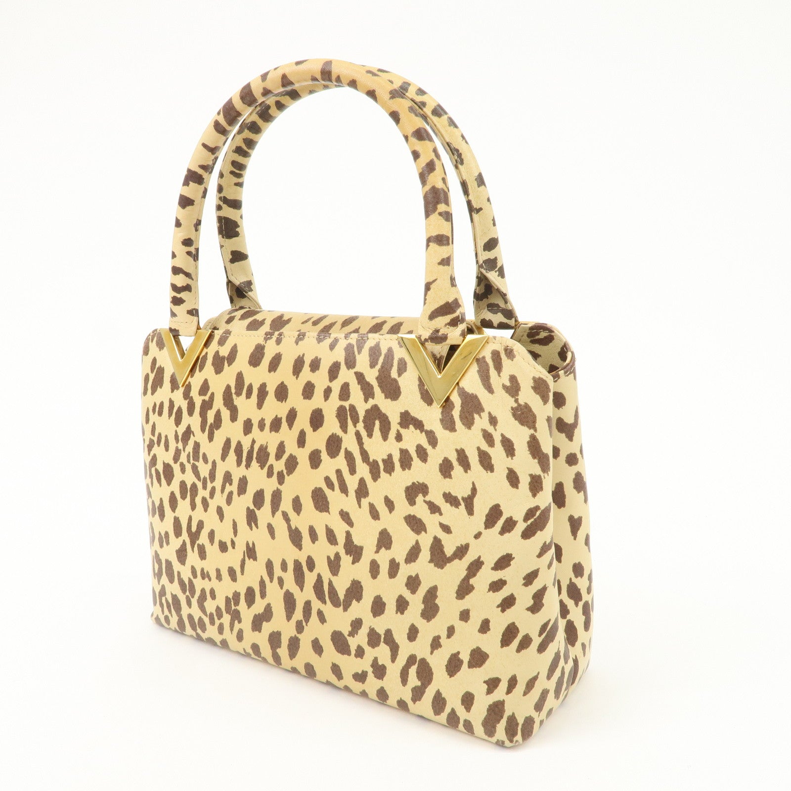 VALENTINO Leather Hand Bag Animal Leopard Beige Brown