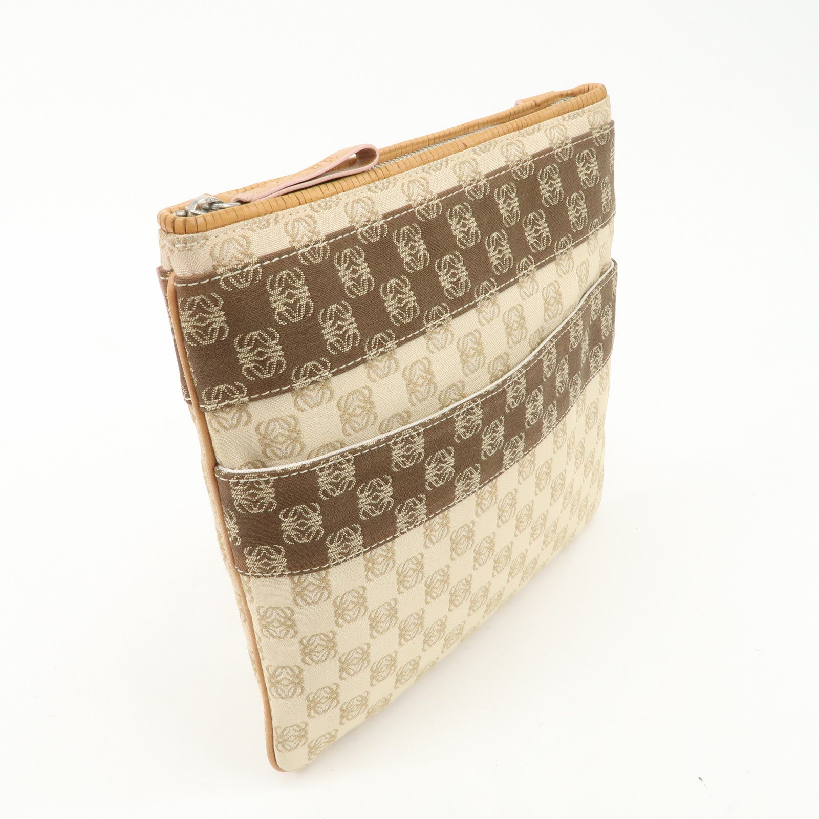 LOEWE Anagram Leather Canvas Shoulder bag Beige Silver HDW