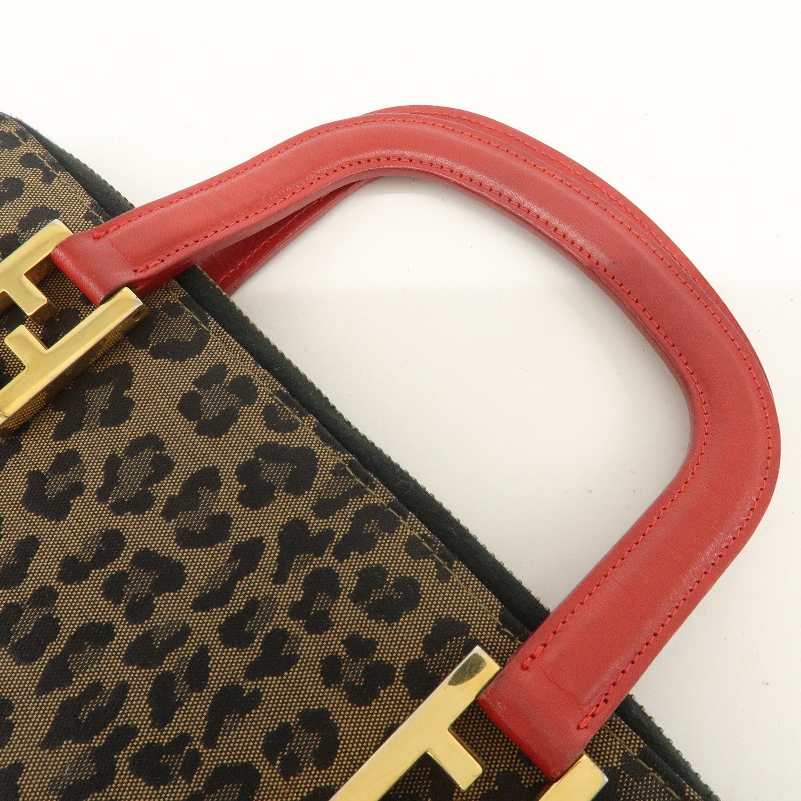 FENDI Logo Canvas Leather Hand Bag Leopard Red 26347