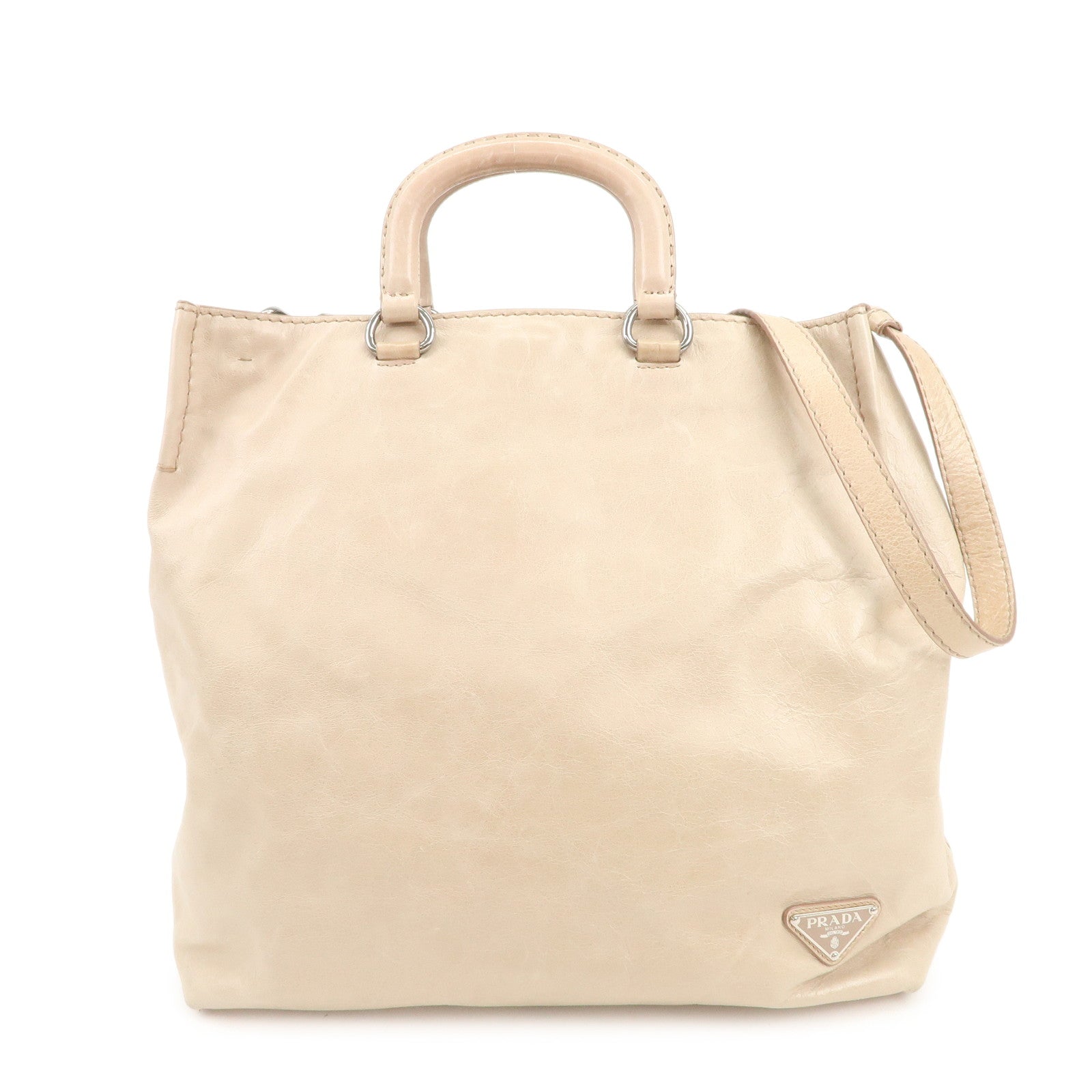 PRADA Triangle Logo Leather 2Way Hand Bag Shoulder Bag Beige BR4617