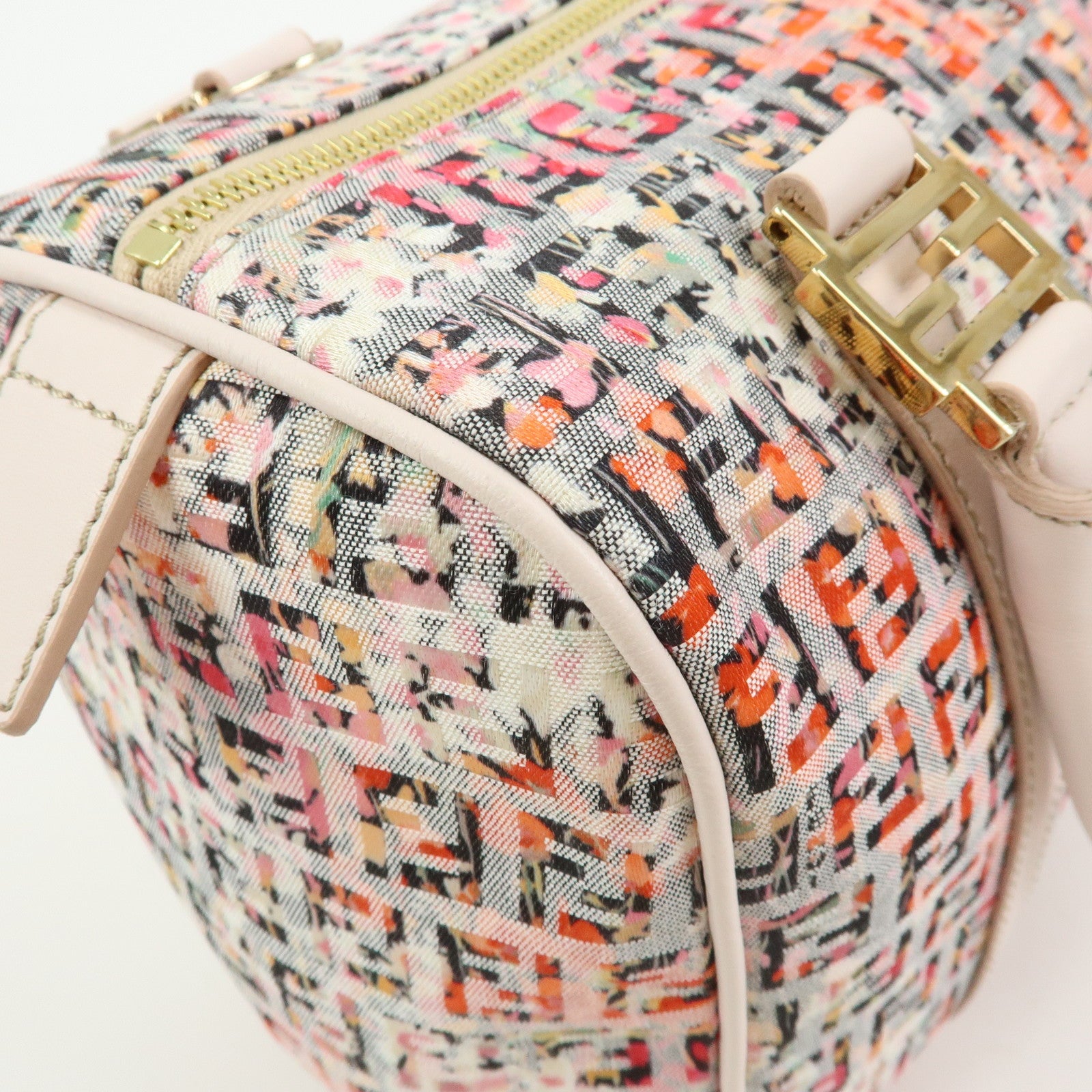 FENDI Zucchino Flower Print Canvas Leather Boston Bag Pink 8BL068