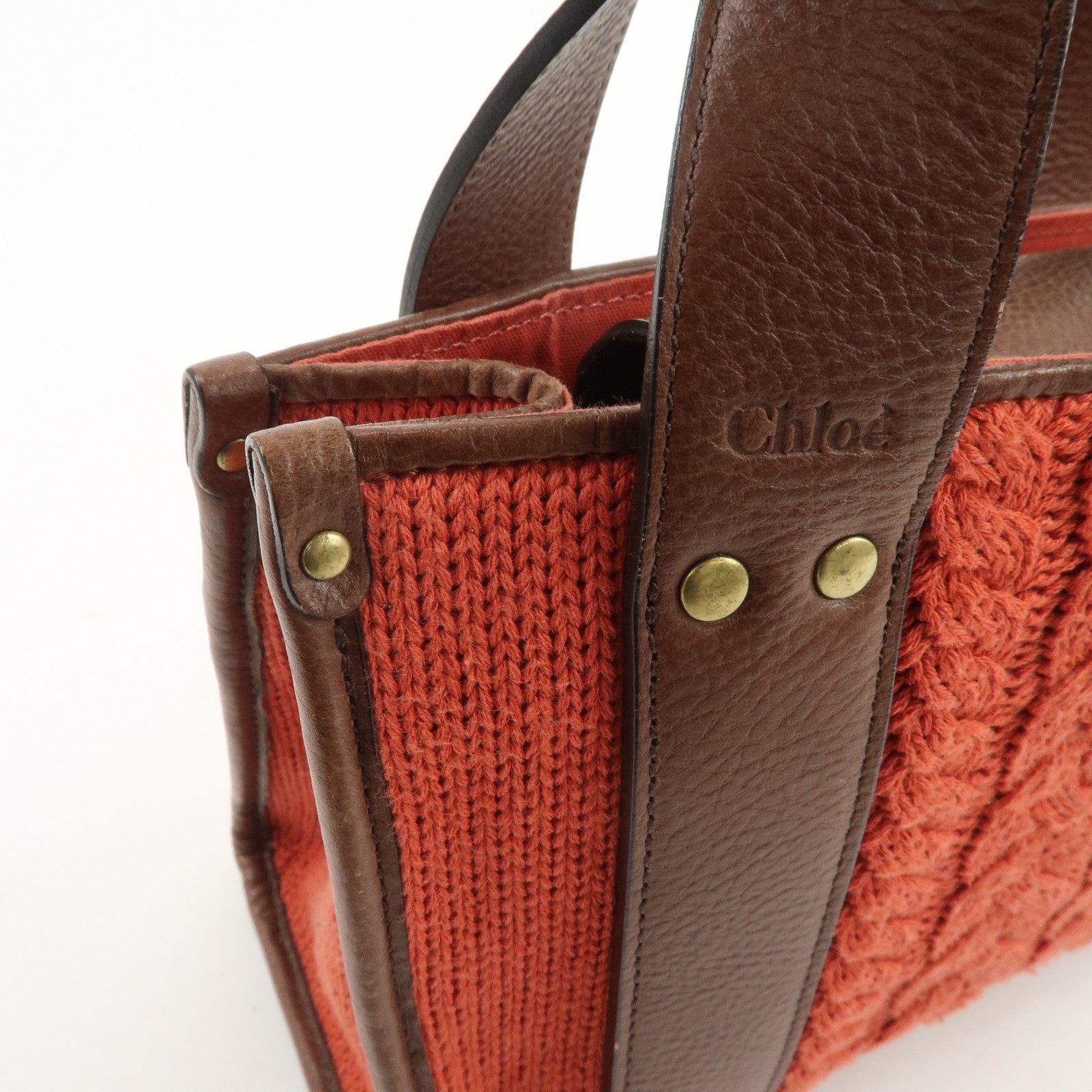 Chloe Knitted Leather Hand Bag Tote Bag Red Brown