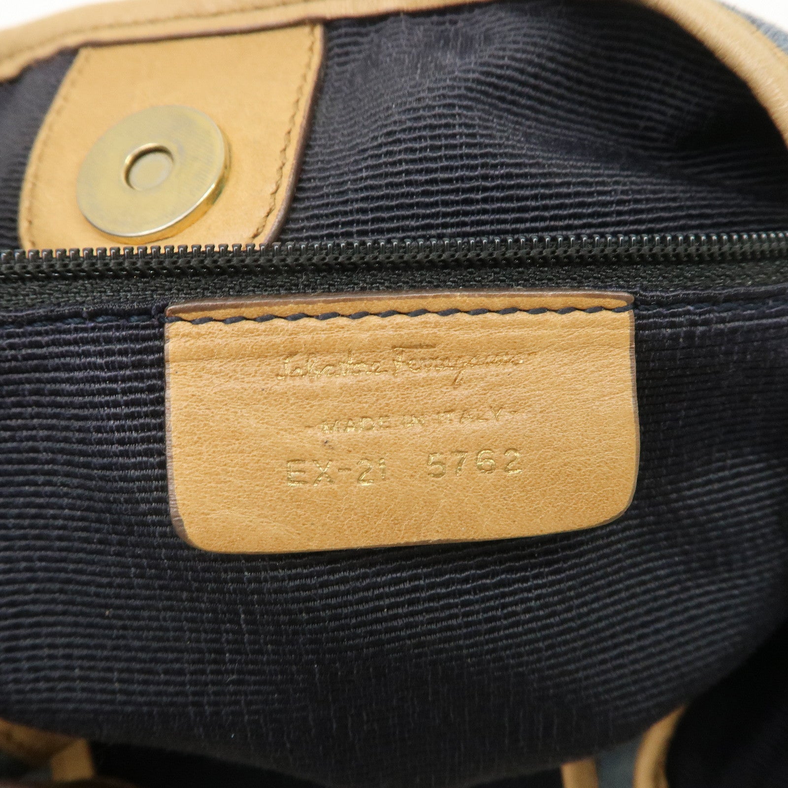 Ferragamo Gancini Canvas Leather Shoulder Bag Hand Bag Blue Beige