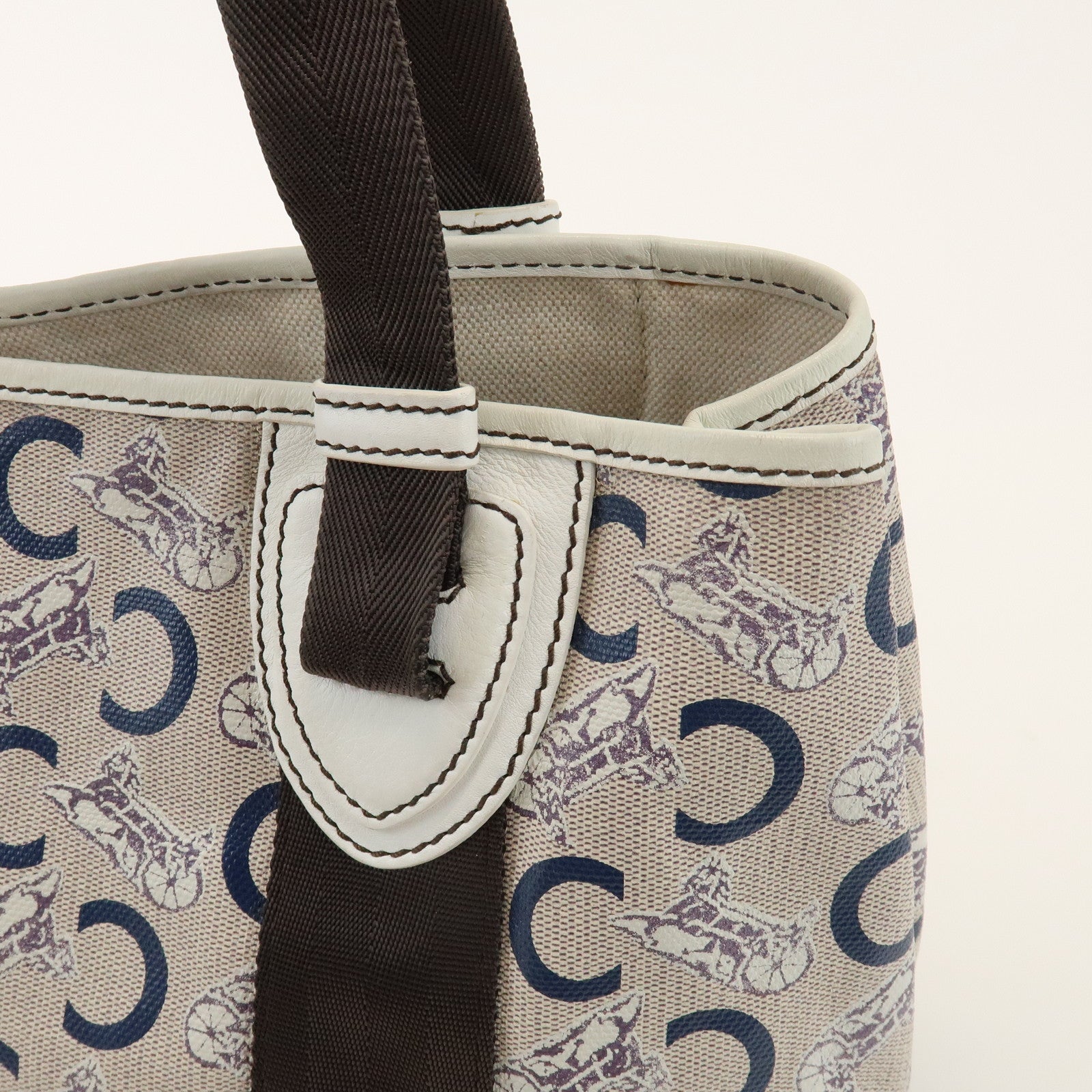 CELINE C Macadam PVC Nylon Leather Tote Bag Hand Bag Brown Beige