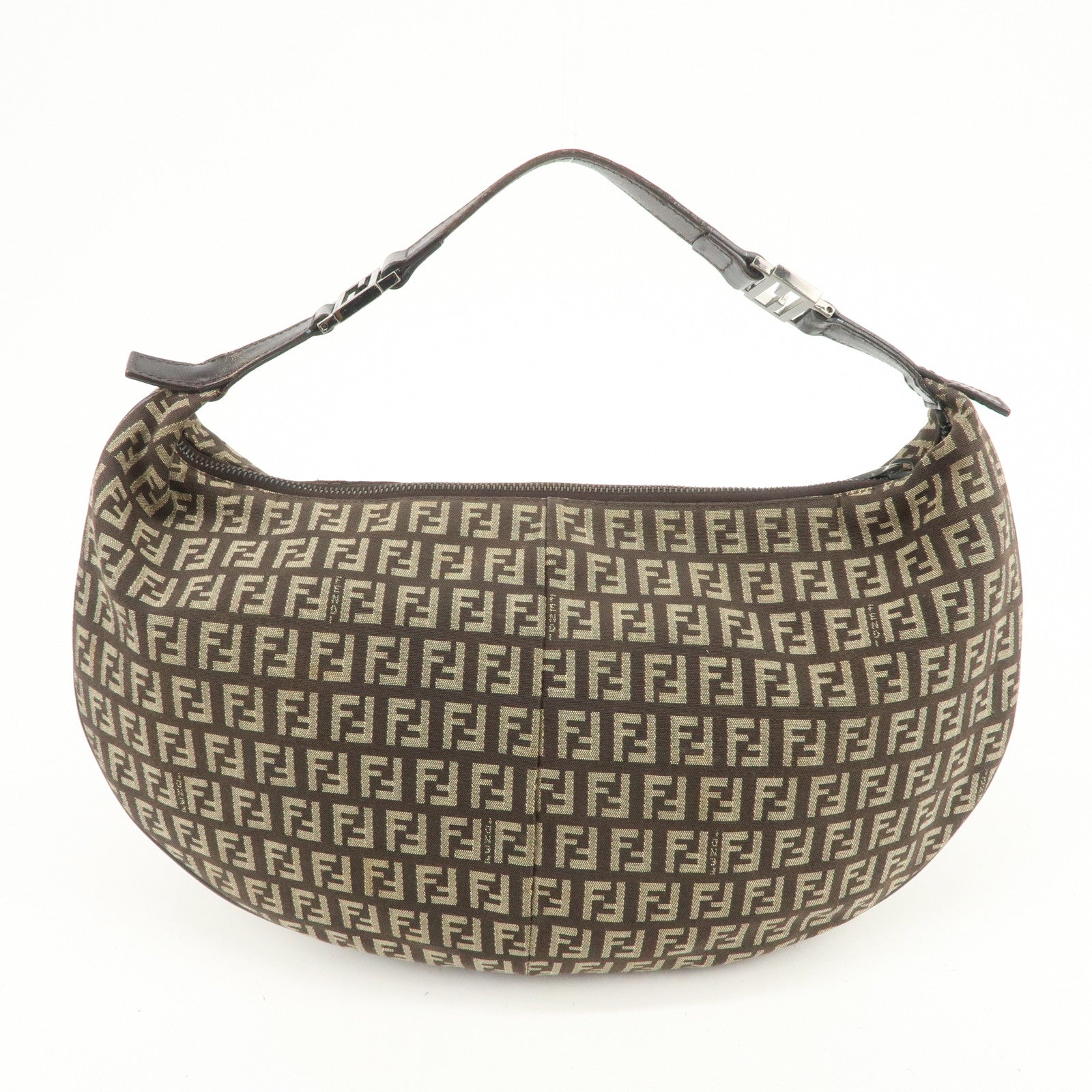 FENDI Zucchino Canvas Leather Hand Bag Shoulder Bag Brown 8BR441