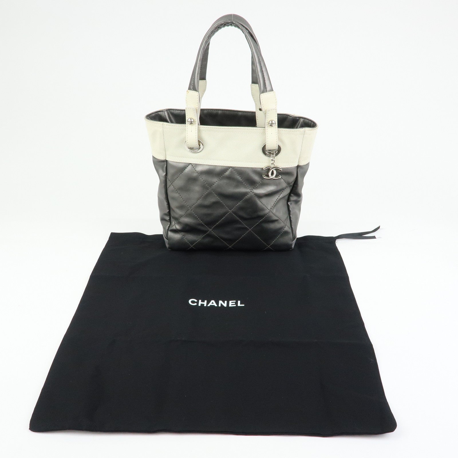 CHANEL Paris-Biarritz PVC Canvas Leather Tote Bag Gray Ivory A34208