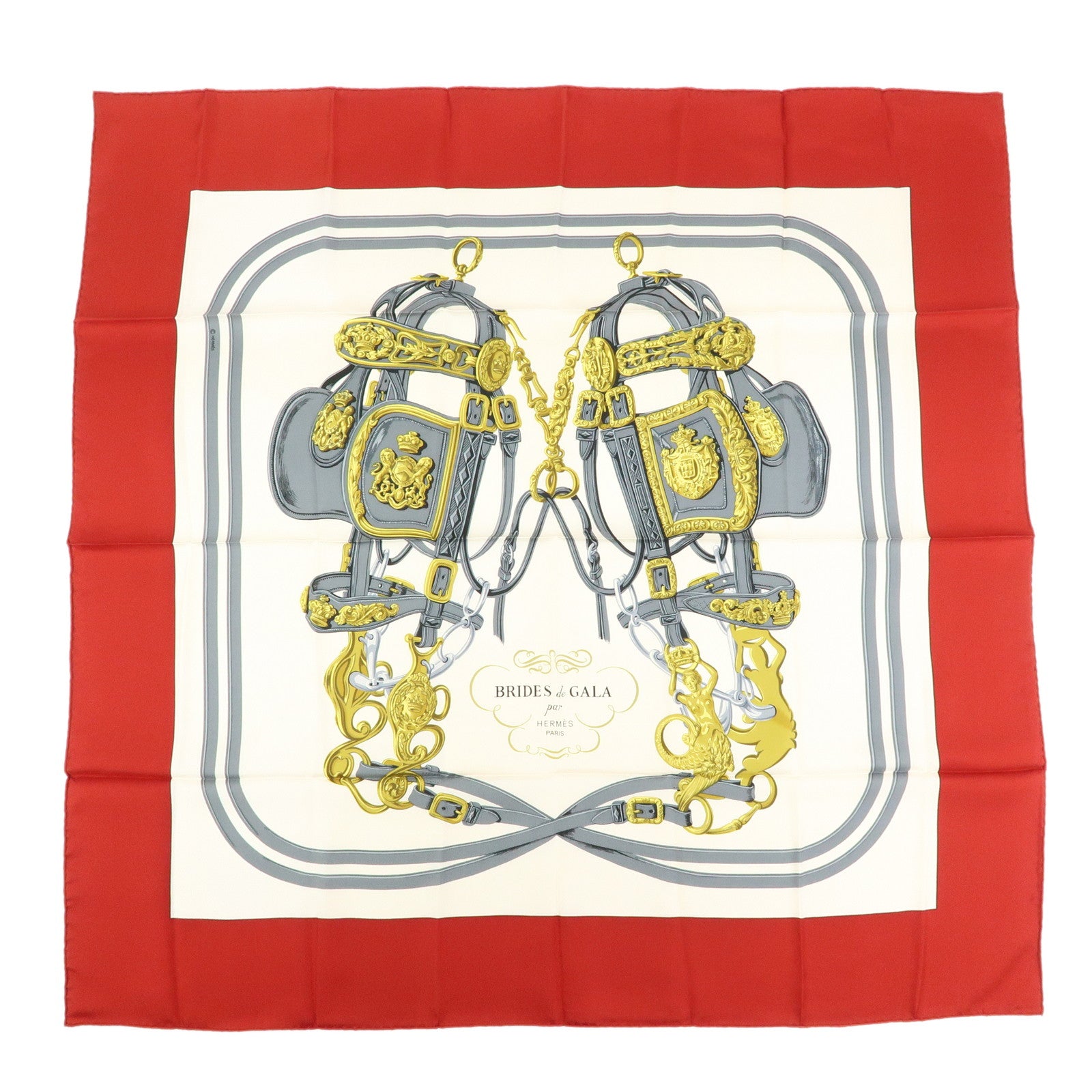 HERMES Carre 90 Silk 100% BRIDES DE GALA Scarf Red White