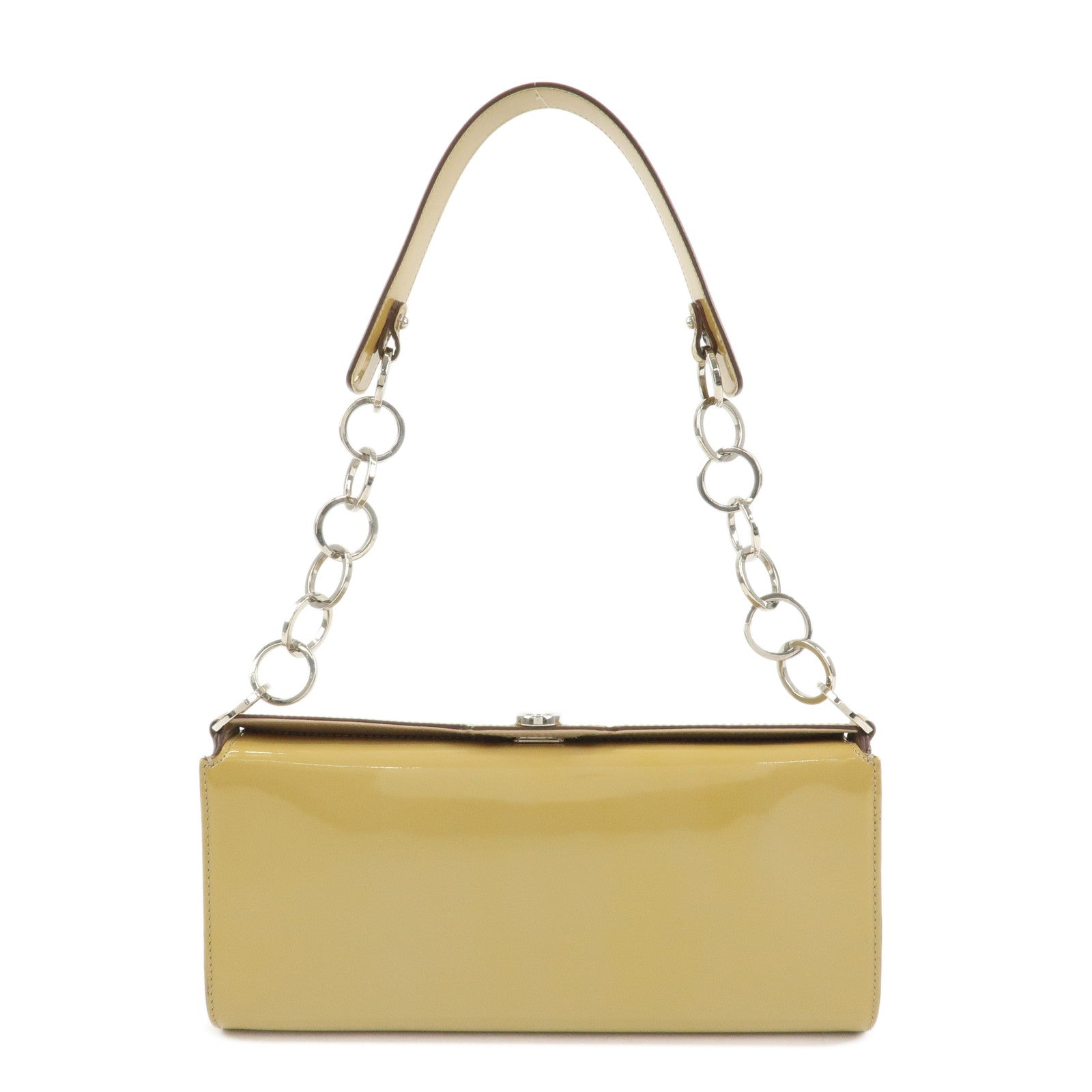 Ferragamo Gancini Patent Leather Chain Shoulder Bag Hand Bag Beige