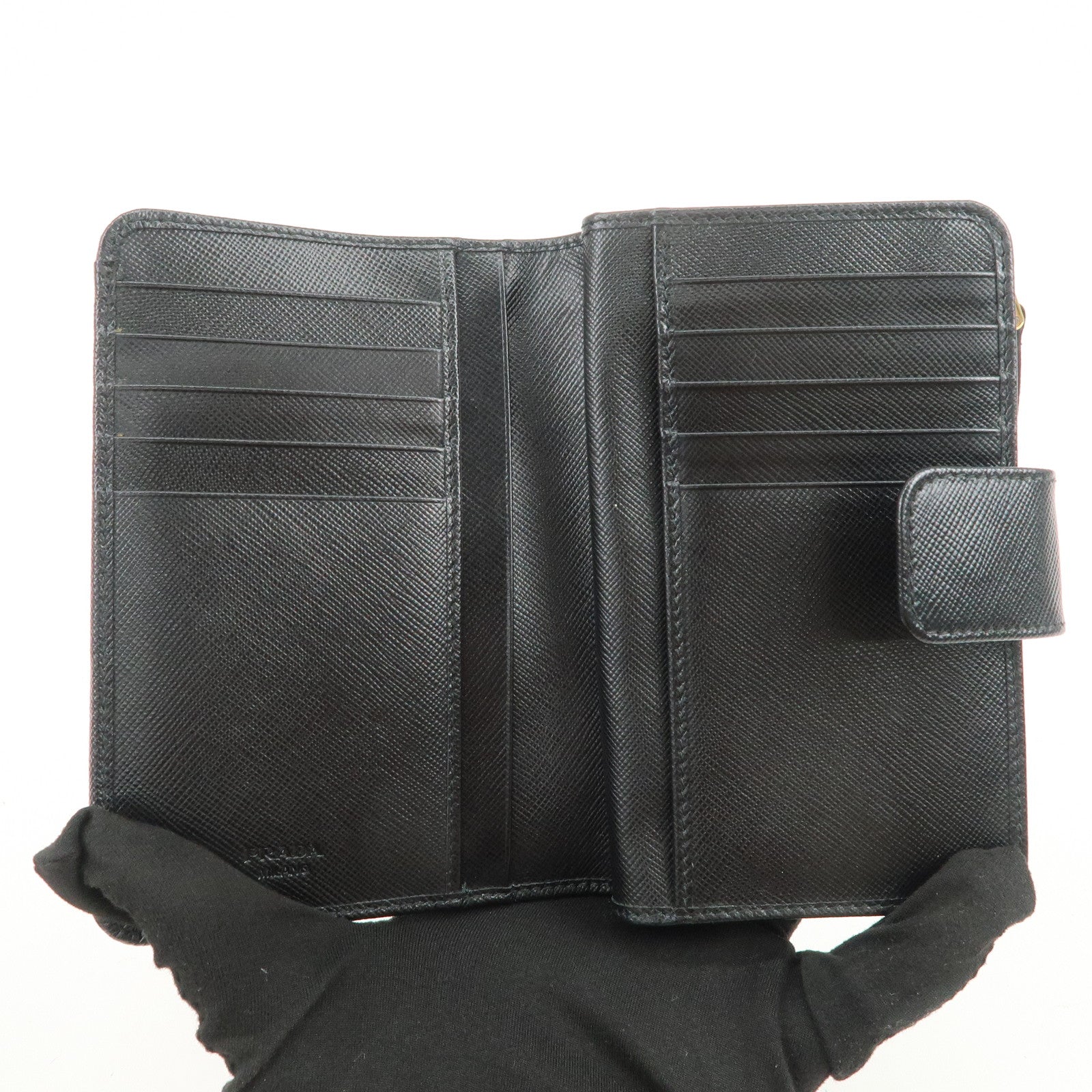 PRADA Logo Saffiano Leather Bi-fold Compact Wallet Black 1M1225