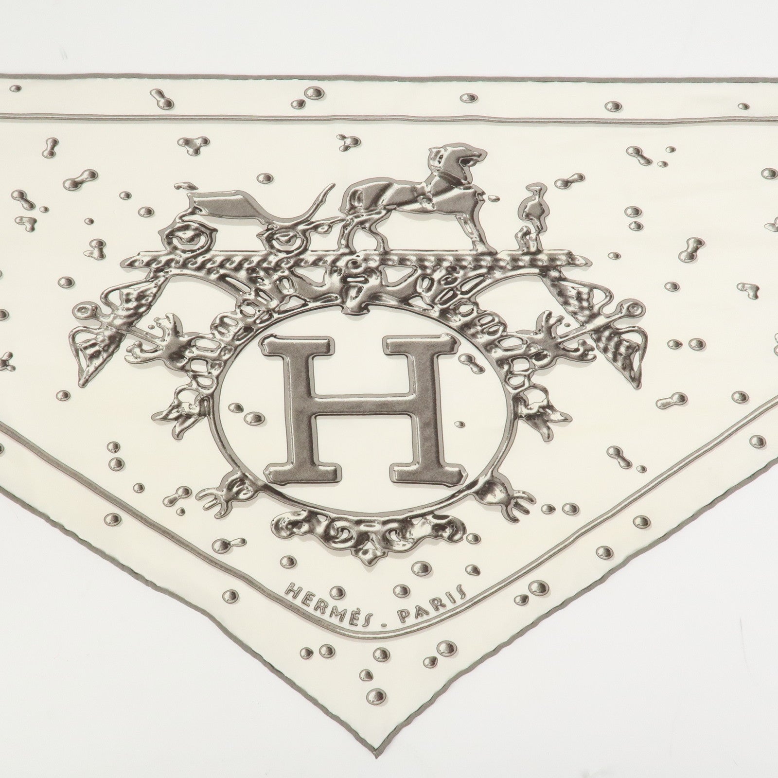 HERMES Pointru Bolduc Silk 100% Scarf VIF ARGENT White Gray