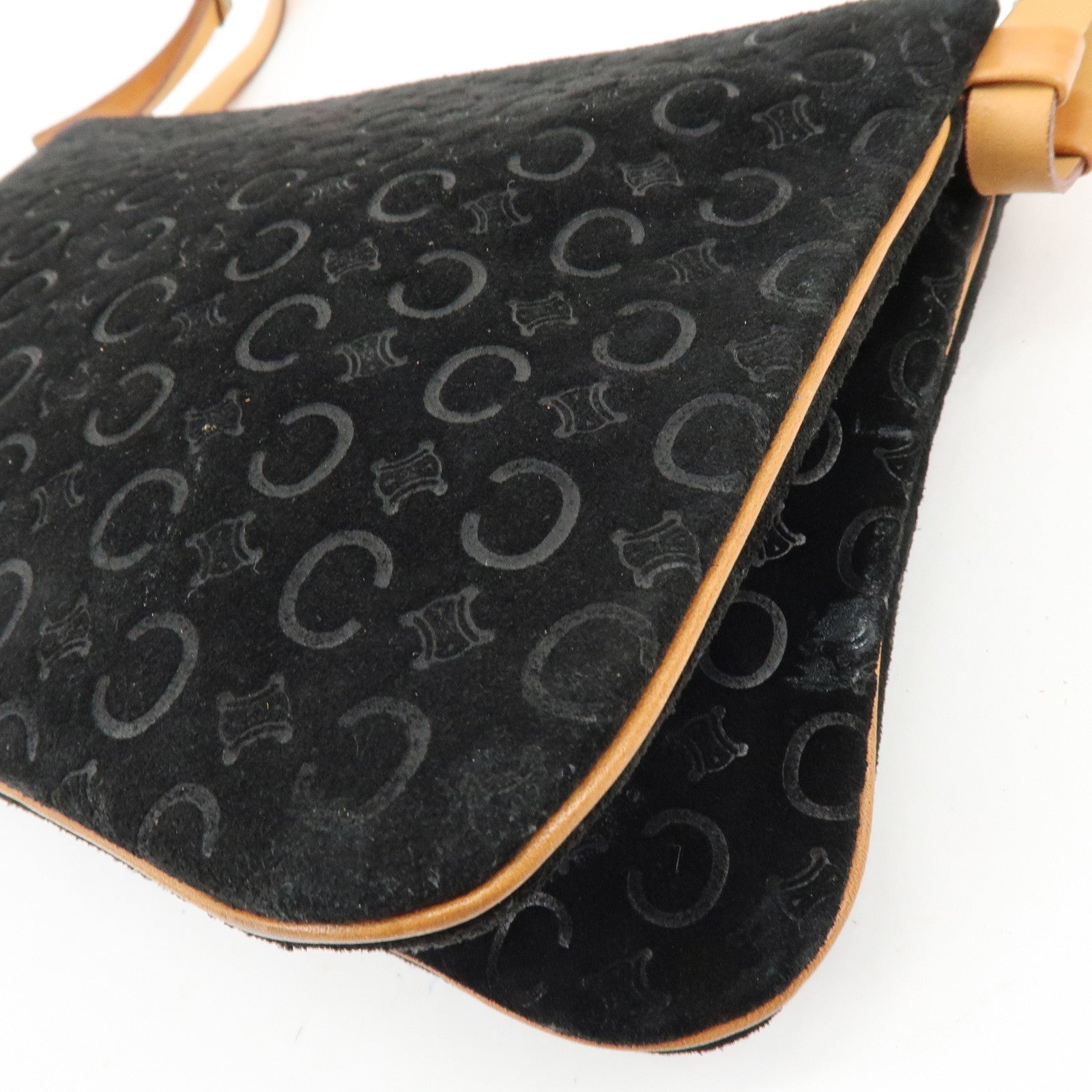 CELINE C Macadam Suede Leather Shoulder Bag Hand Bag Black Brown