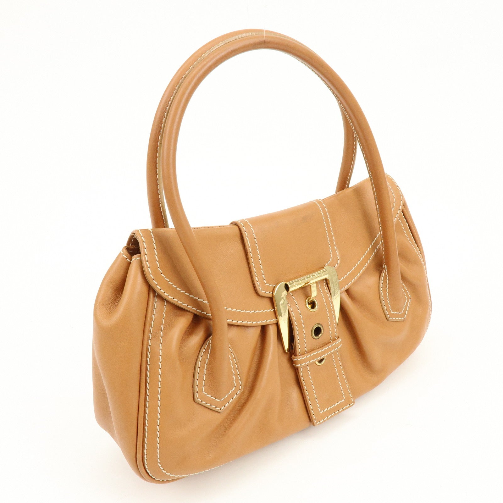 CELINE Chouquette Leather Hand Bag Shoulder Bag Camel