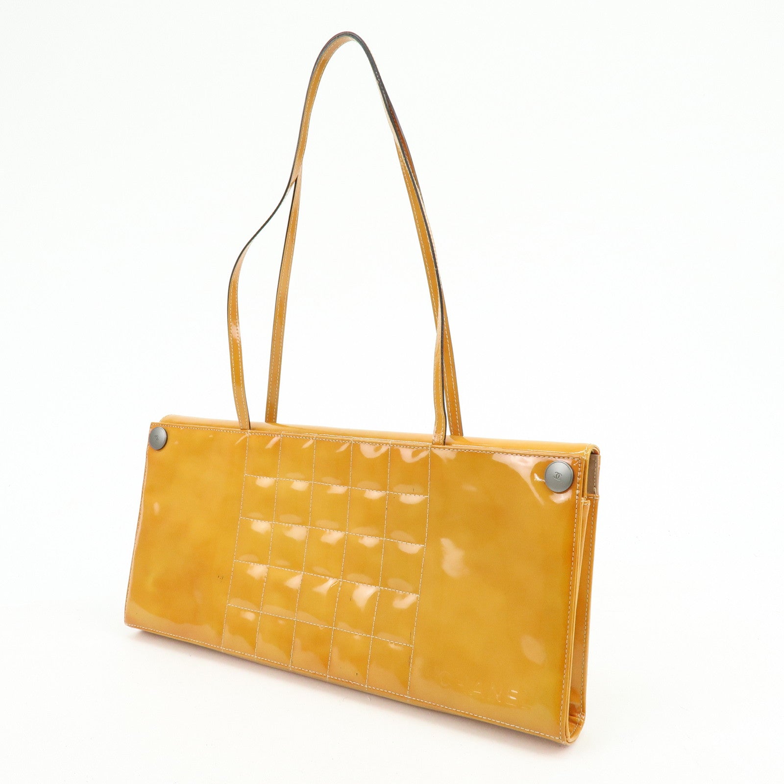 CHANEL Chocolate Bar Patent Leather Shoulder Bag Hand Bag Orange