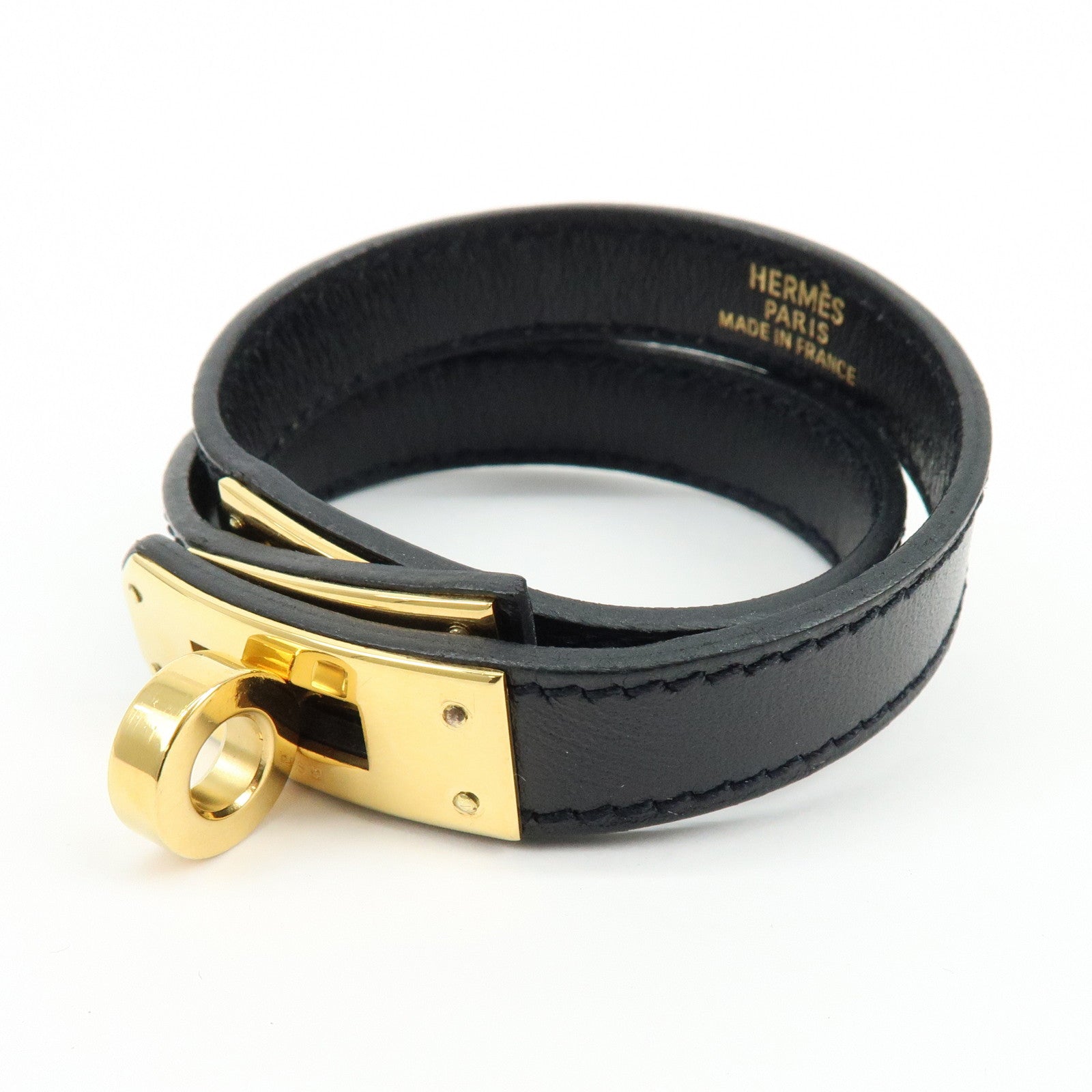 HERMES Kelly Double Tour Leather □F Stamped Bracelet Black