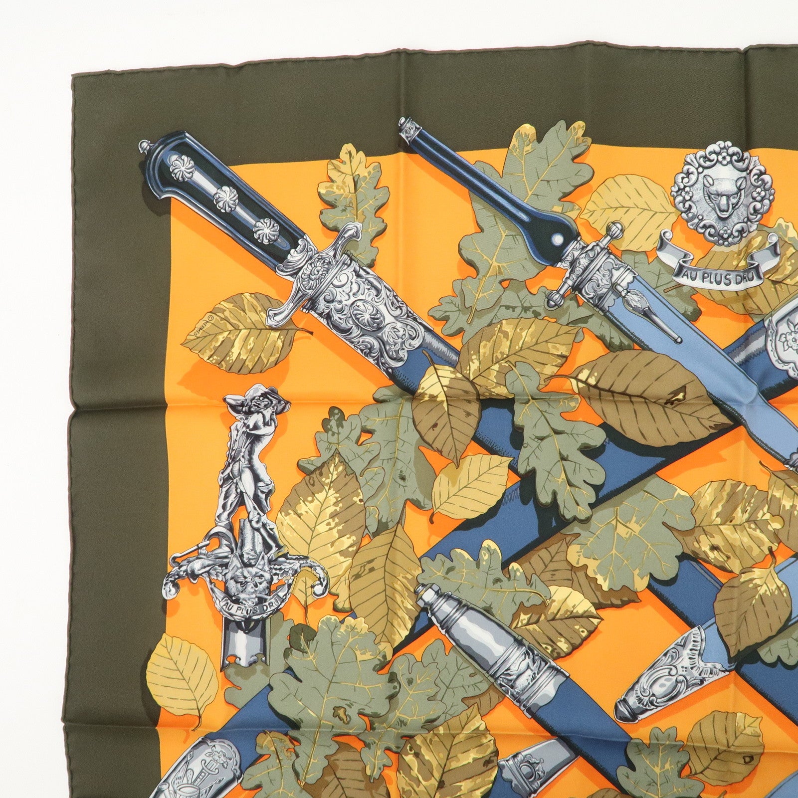 HERMES Carre90 Silk 100% Scarf AU PLUS DRU Khaki Orange Used