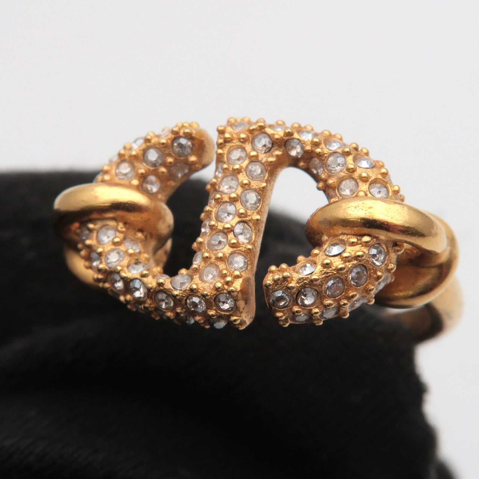 Christian Dior CD Logo Metal Rhinestone Ring M Gold US5 EU49