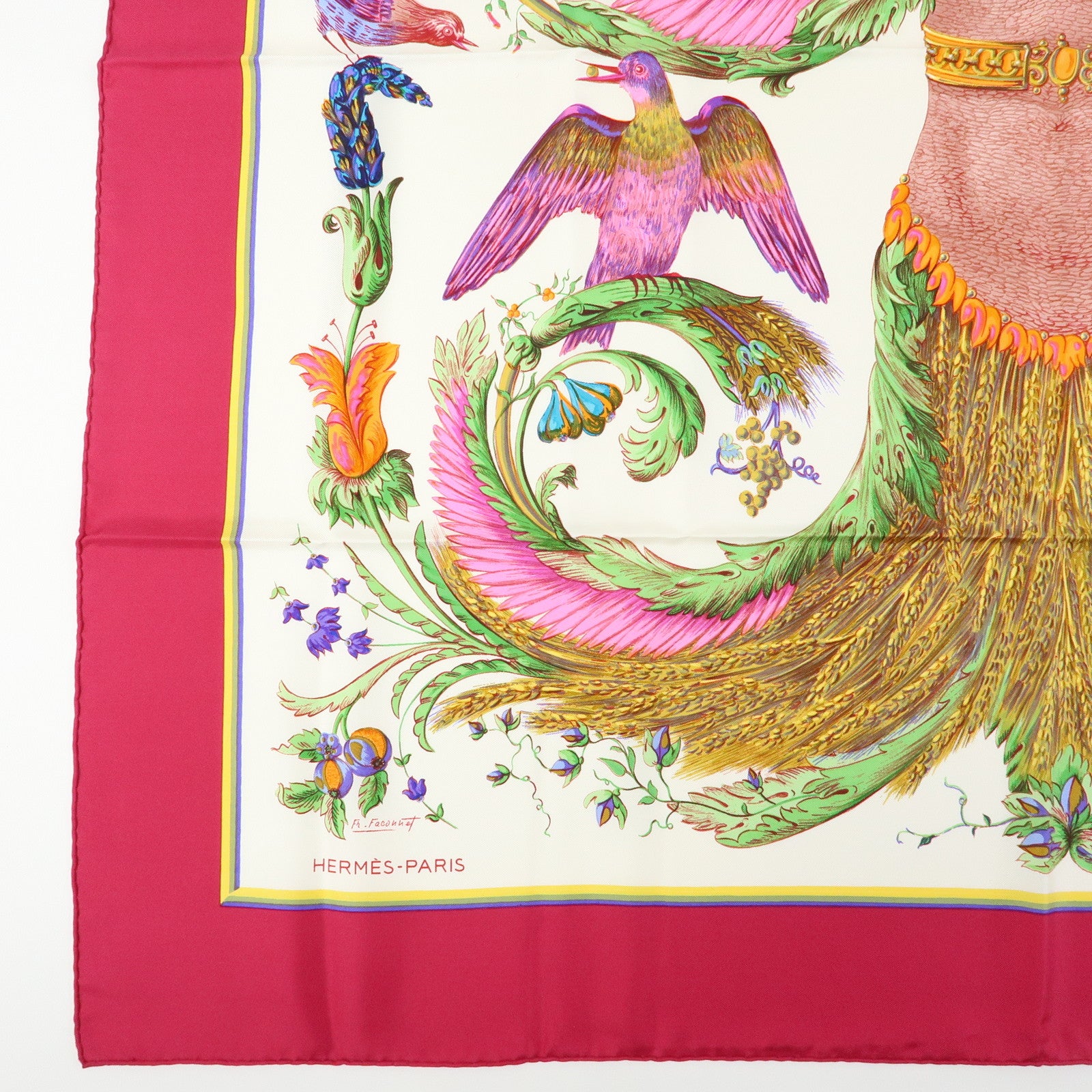 HERMES Carre 90 Silk 100% Scarf CERES White Pink Yellow Green