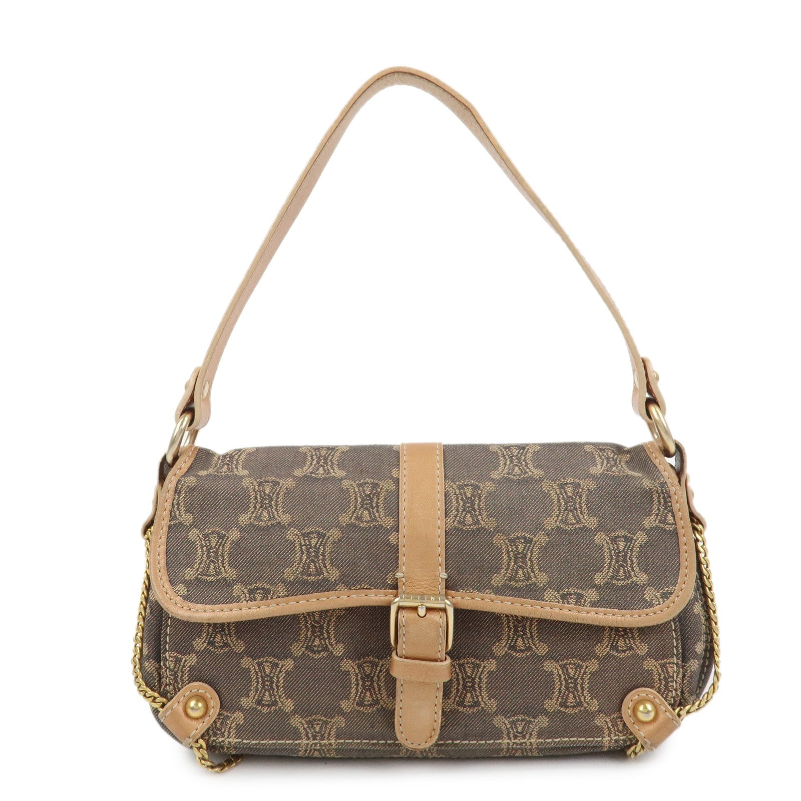 CELINE Macadam Denim Leather Shoulder Bag Hand Bag Light Brown