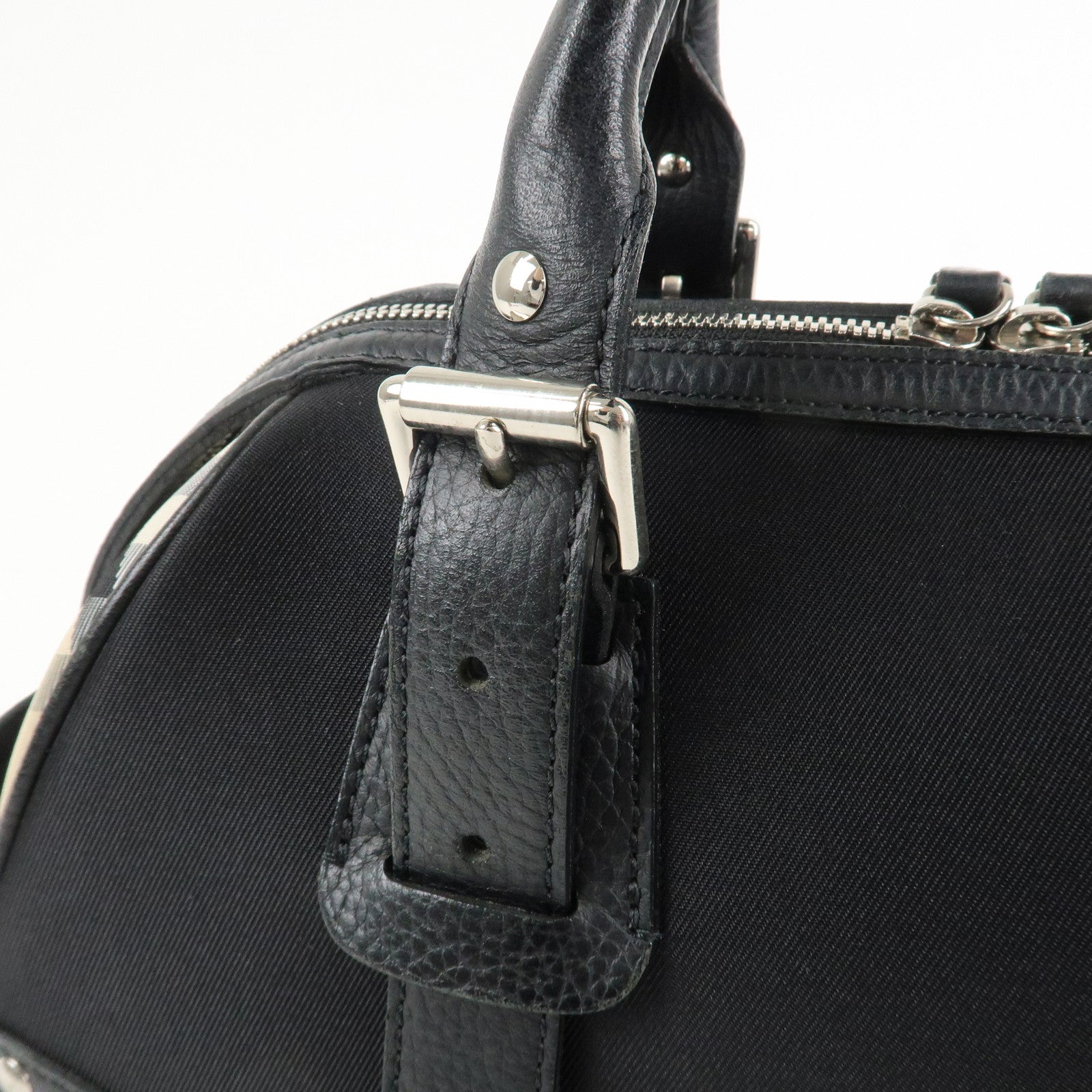 BURBERRY Canvas Leather Nova Plaid Boston Bag Black Beige Used