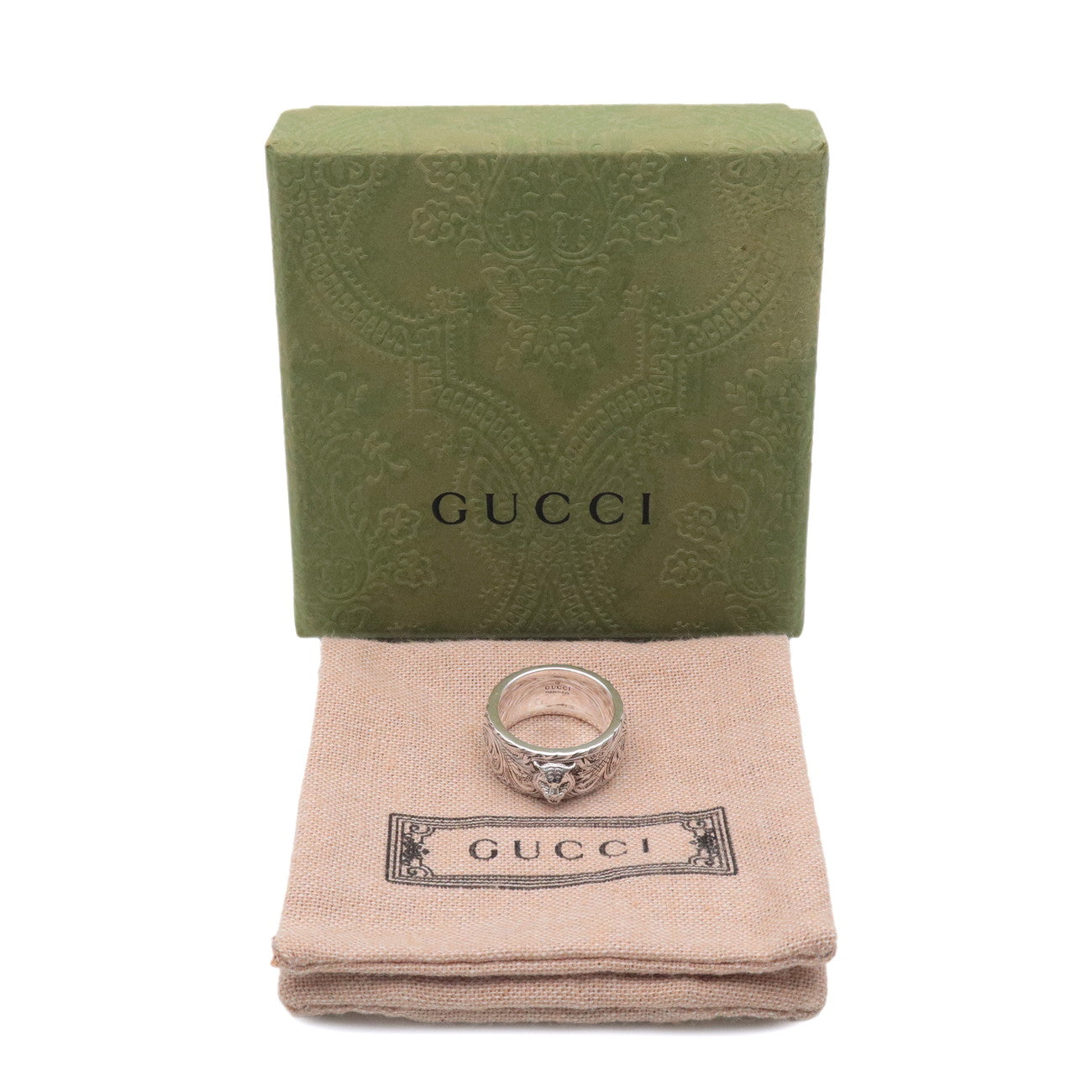 GUCCI Interlocking G Arabesque Cat Head Ring SV925 Silver #15 US7