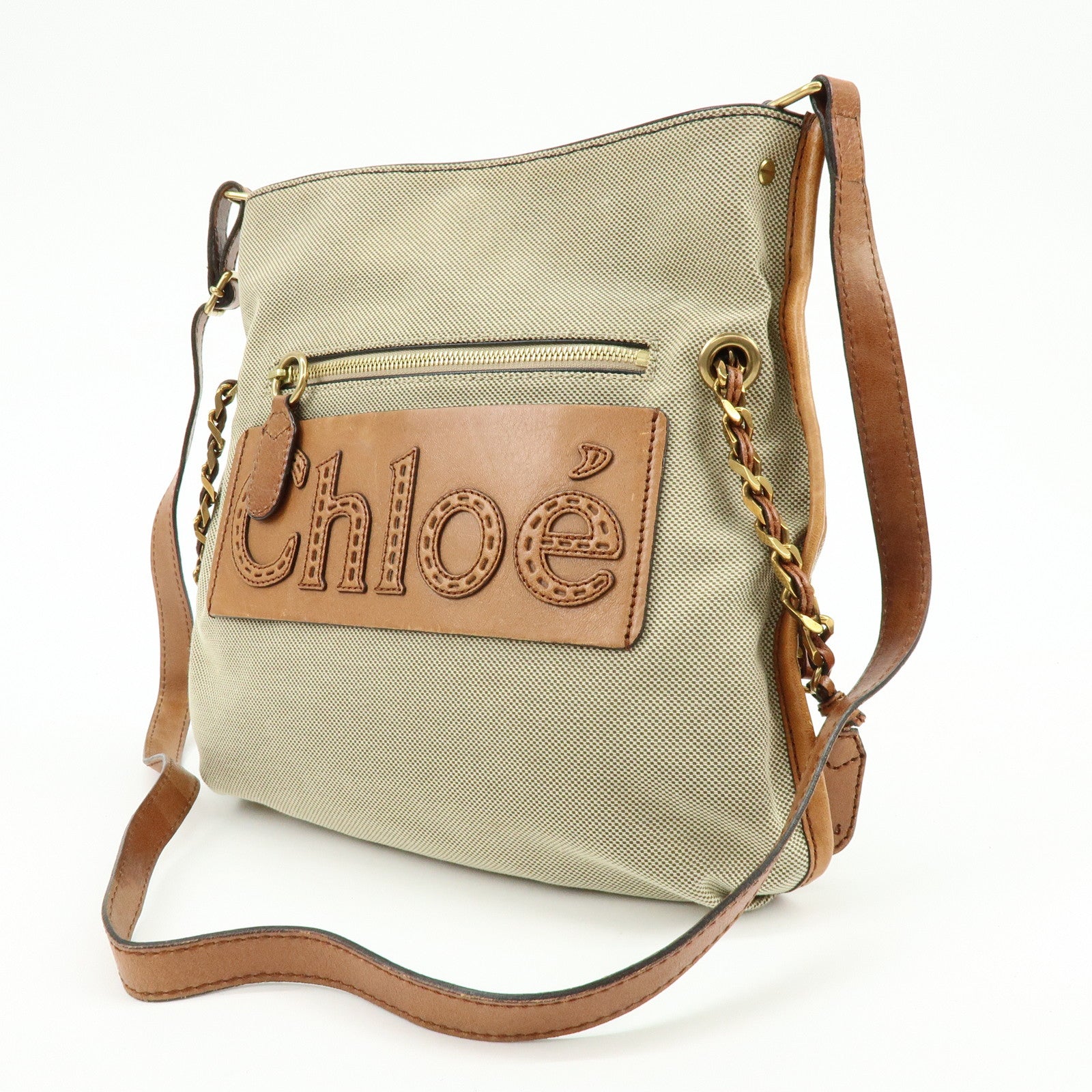 Chloe Harley Canvas Leather Shoulder Crossbody Bag Natural Brown