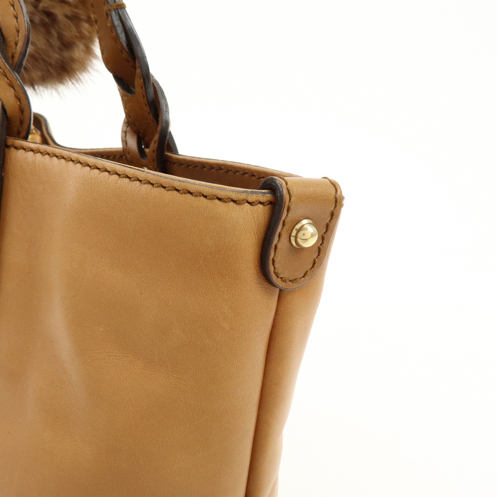GUCCI Script Logo Leather Fur Tote Bag Fur Pouch Brown 269878