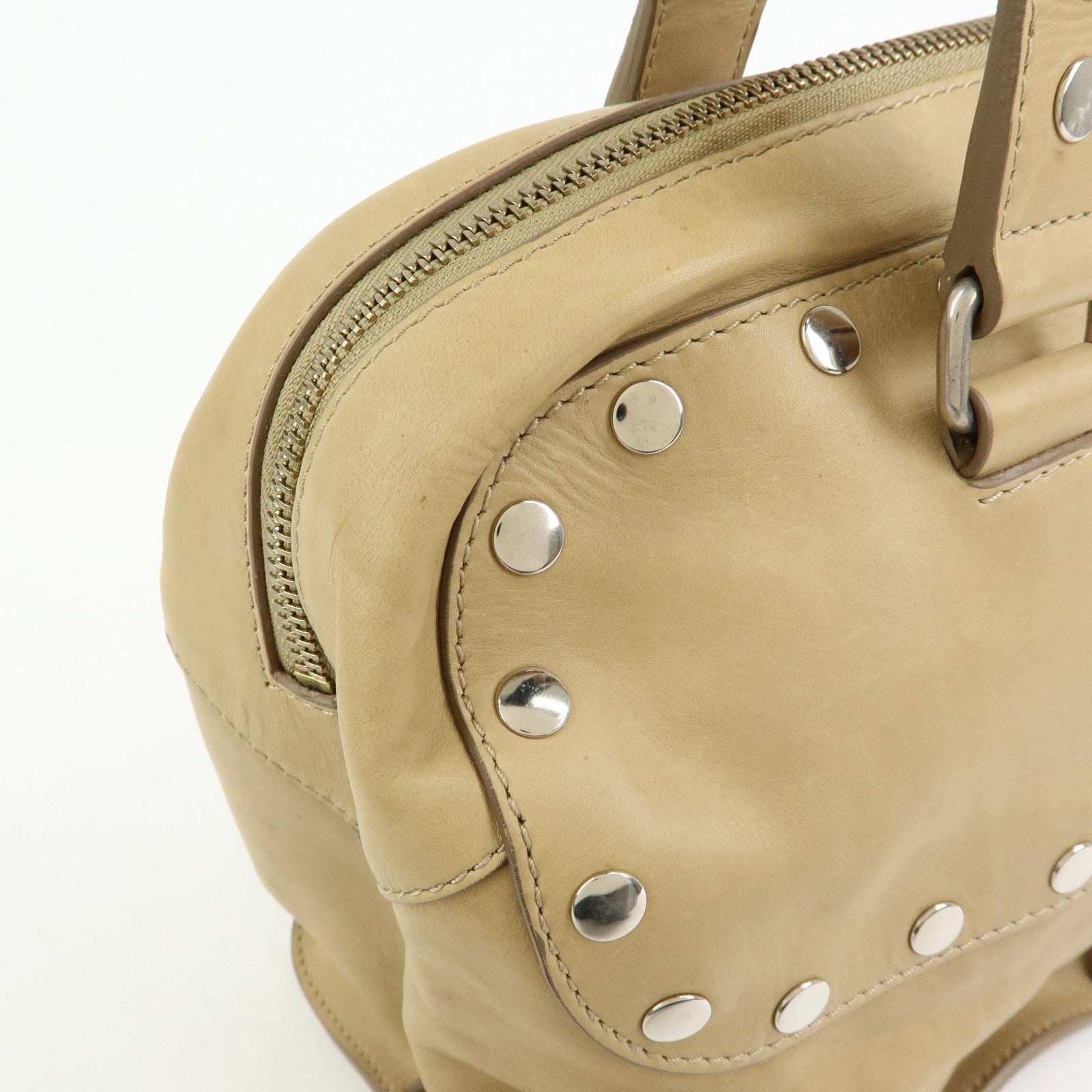 CELINE Leather Hand Bag Bowling Bag Beige Studs