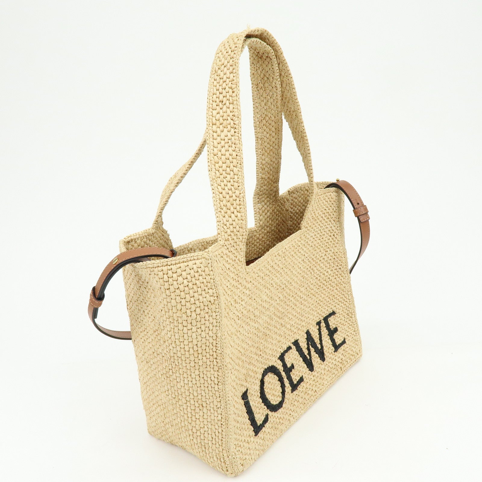 LOEWE Font Tote Raffia Leather 2Way Bag Tote Bag Shoulder Bag Beige
