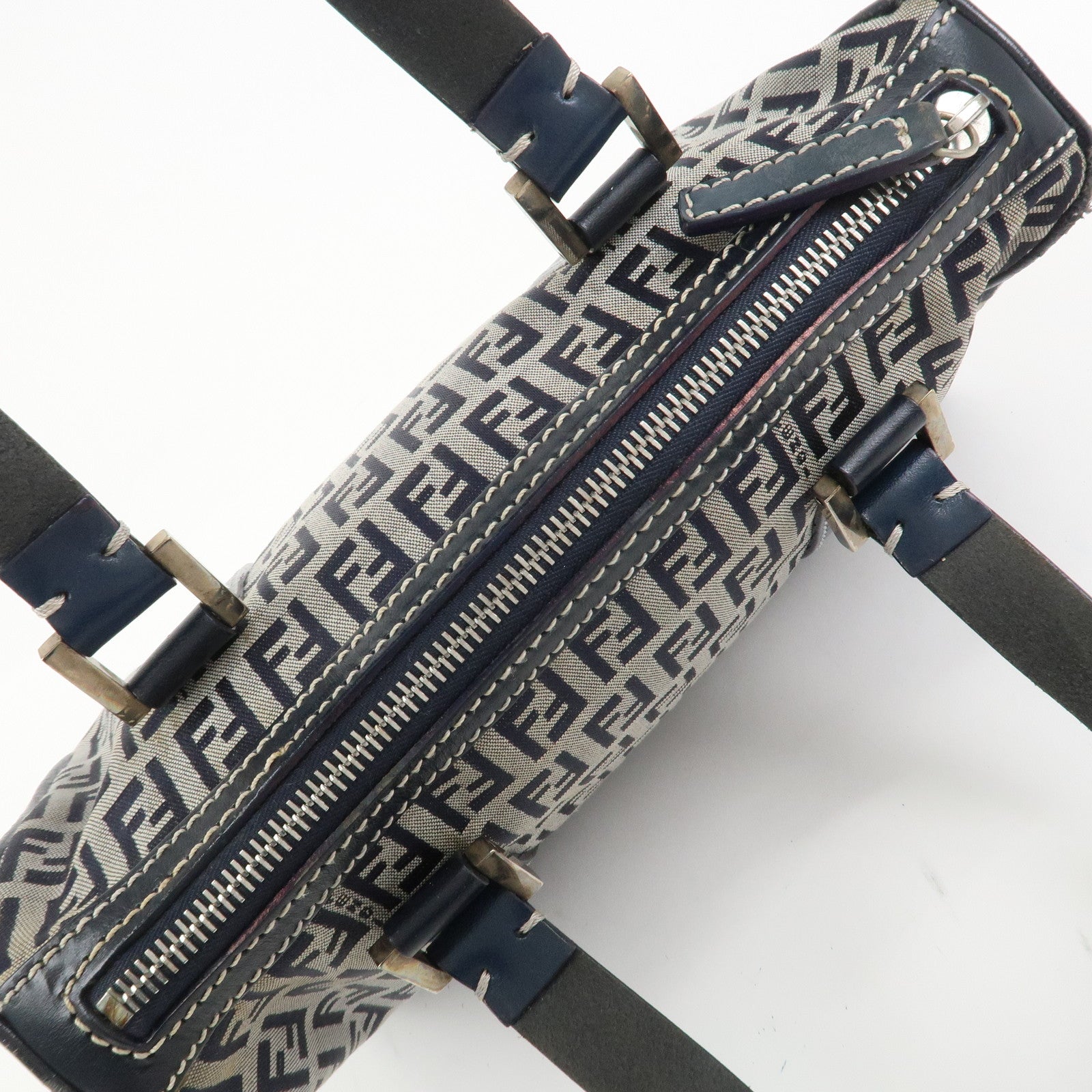 FENDI Zucchino Canvas Leather Hand Bag Mini Boston Bag Navy 16327