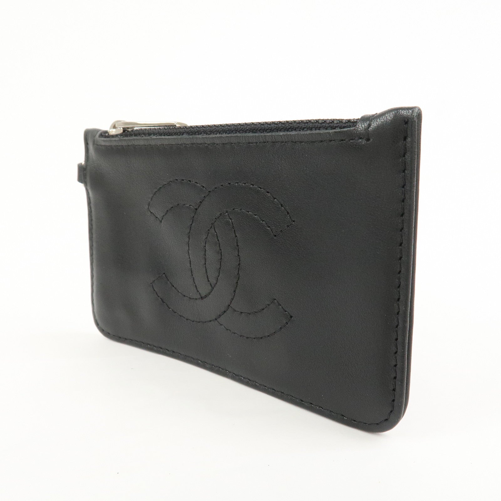 CHANEL COCO Mark Lamb Skin Coin Case Black Silver A25183