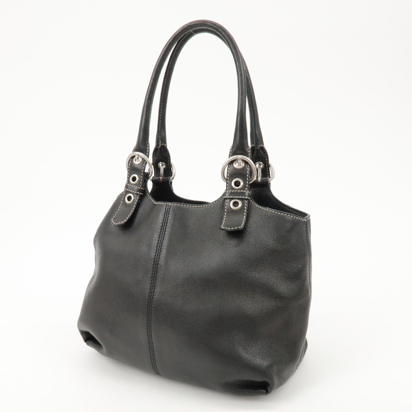 PRADA Triangle Logo Leather Tote Bag Hand Bag Black Used