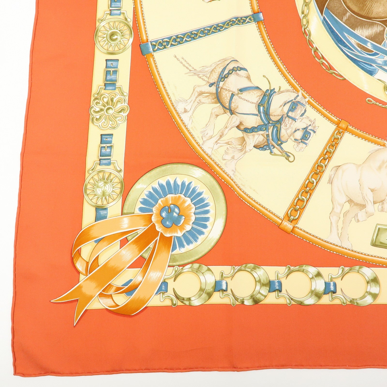HERMES Carre 90 Silk 100% CHEVAUX DE TRAIT Scarf Orange Beige