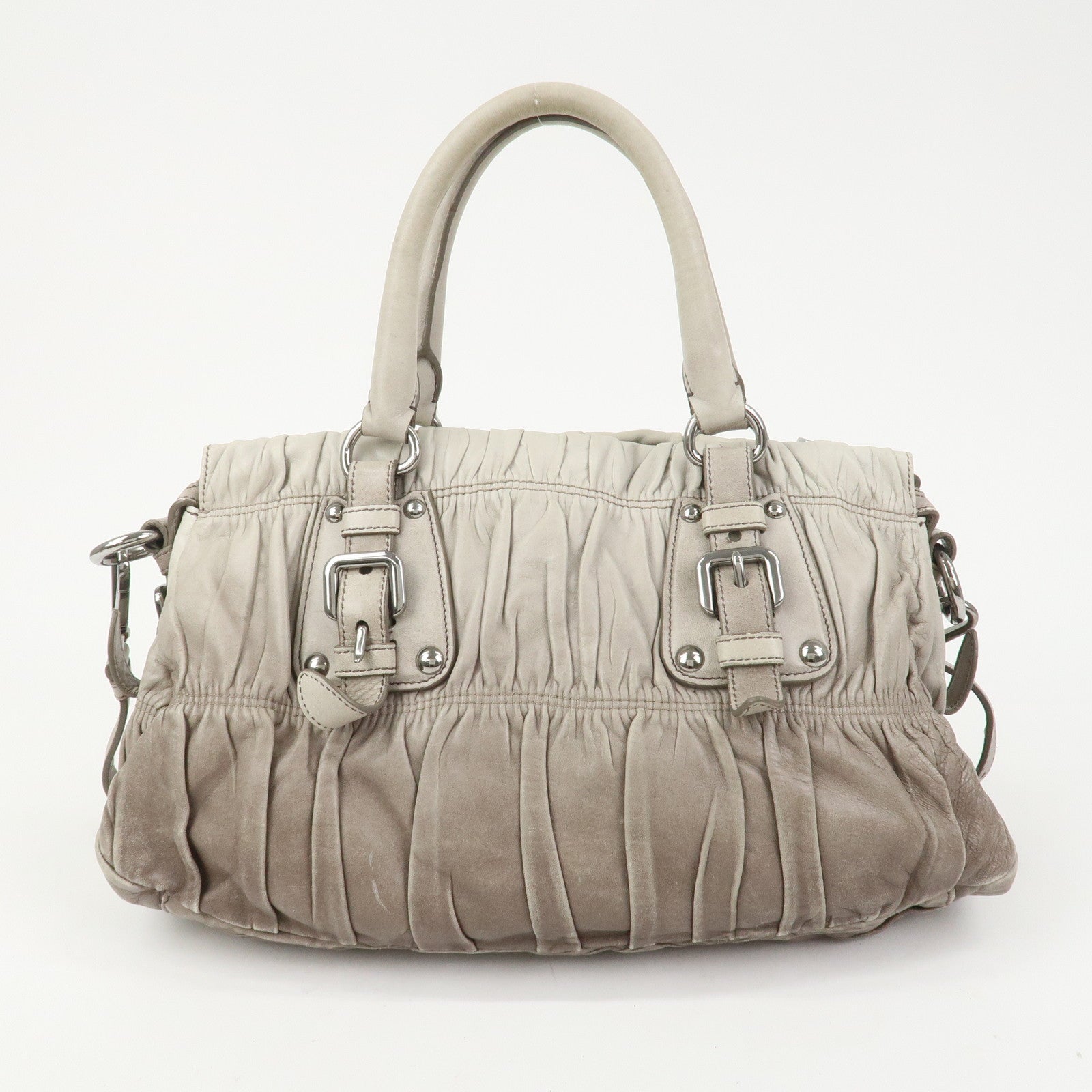 PRADA Leather Gathered 2Way Bag Hand Bag Shoulder Bag Gray BN1407
