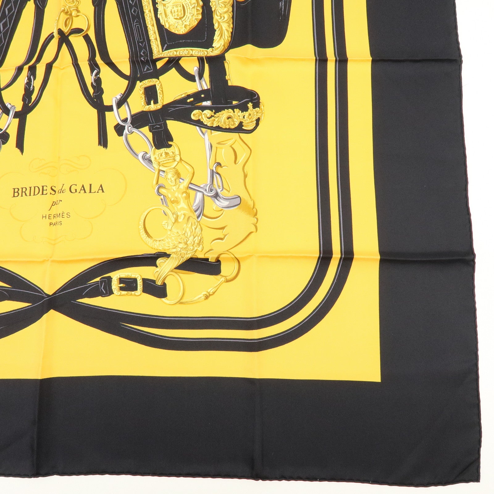 HERMES Carre 90 Silk 100% Brides de Gala Scarf Black Yellow