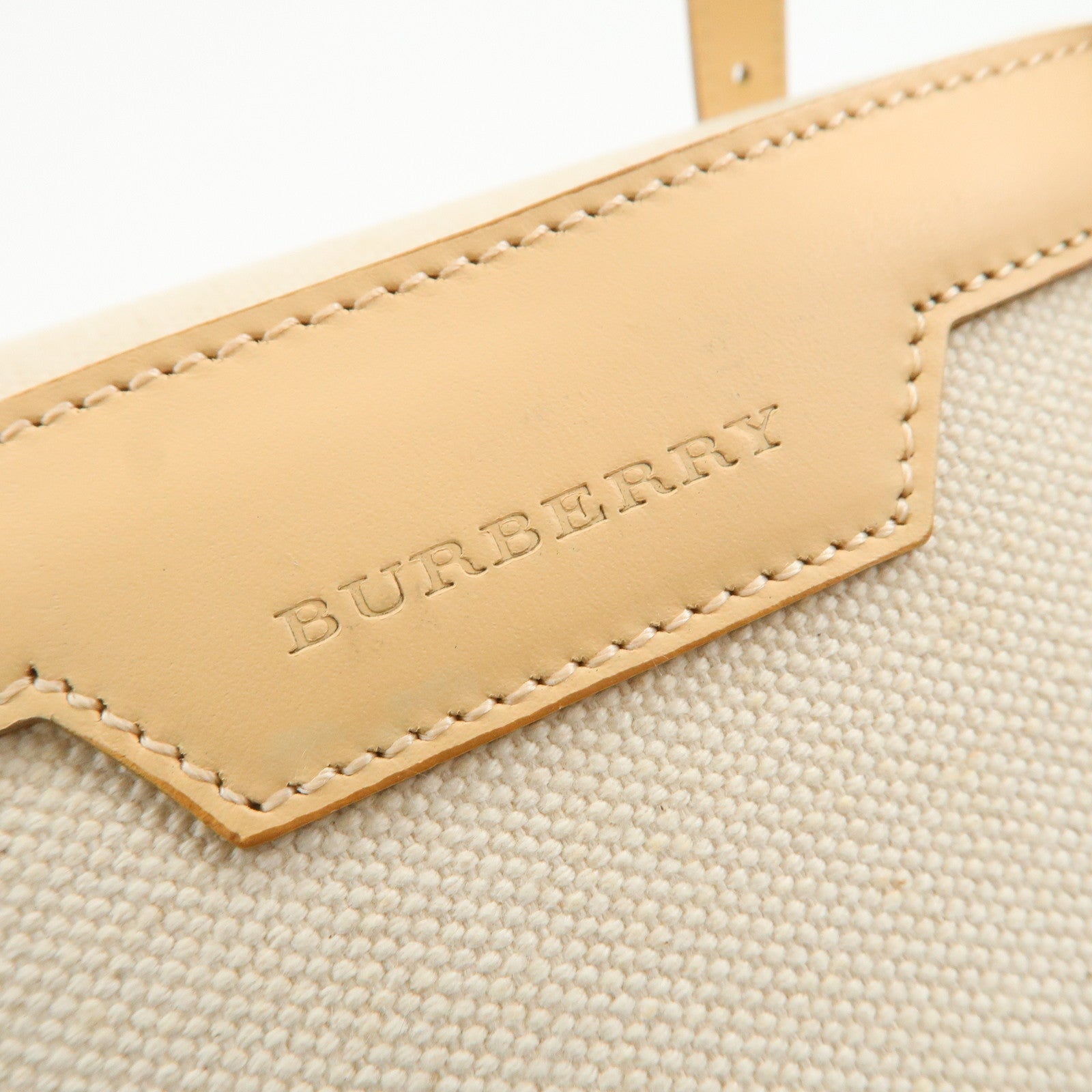 BURBERRY Cotton Leather Tote Bag Hand Bag Natural Beige